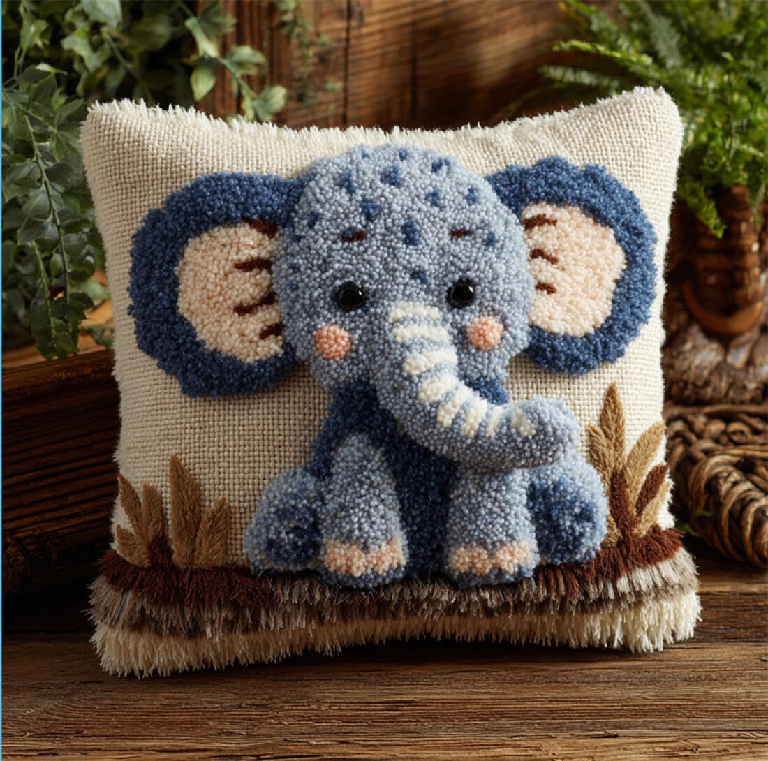 Kitquiver Animal Latch Hook Pillow Kit Cartoon Elephant DIY Tapestry Throw Pillow Cover Needlepoint Cushion Kits for Home Décor Needlework Kit for Beginners 17x17In