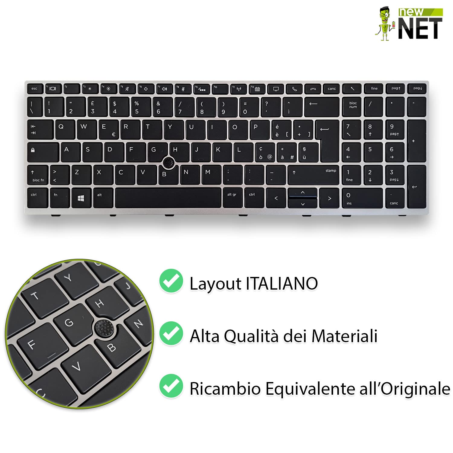 new net - Tastiera Compatibile con Notebook HP L14366-061 L17971-061 L14367-061 [Frame Silver - Trackpoint - Layout ITA]