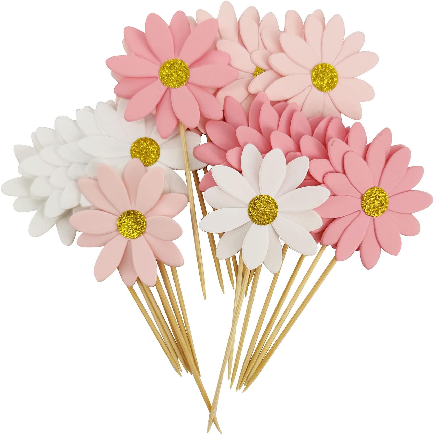 MybbshowerMybbshower Pink White Daisy Party Picks Cupcake Toppers Toothpicks Food Picks Girls Baby Shower Birthday Party Decorations Pack of 21