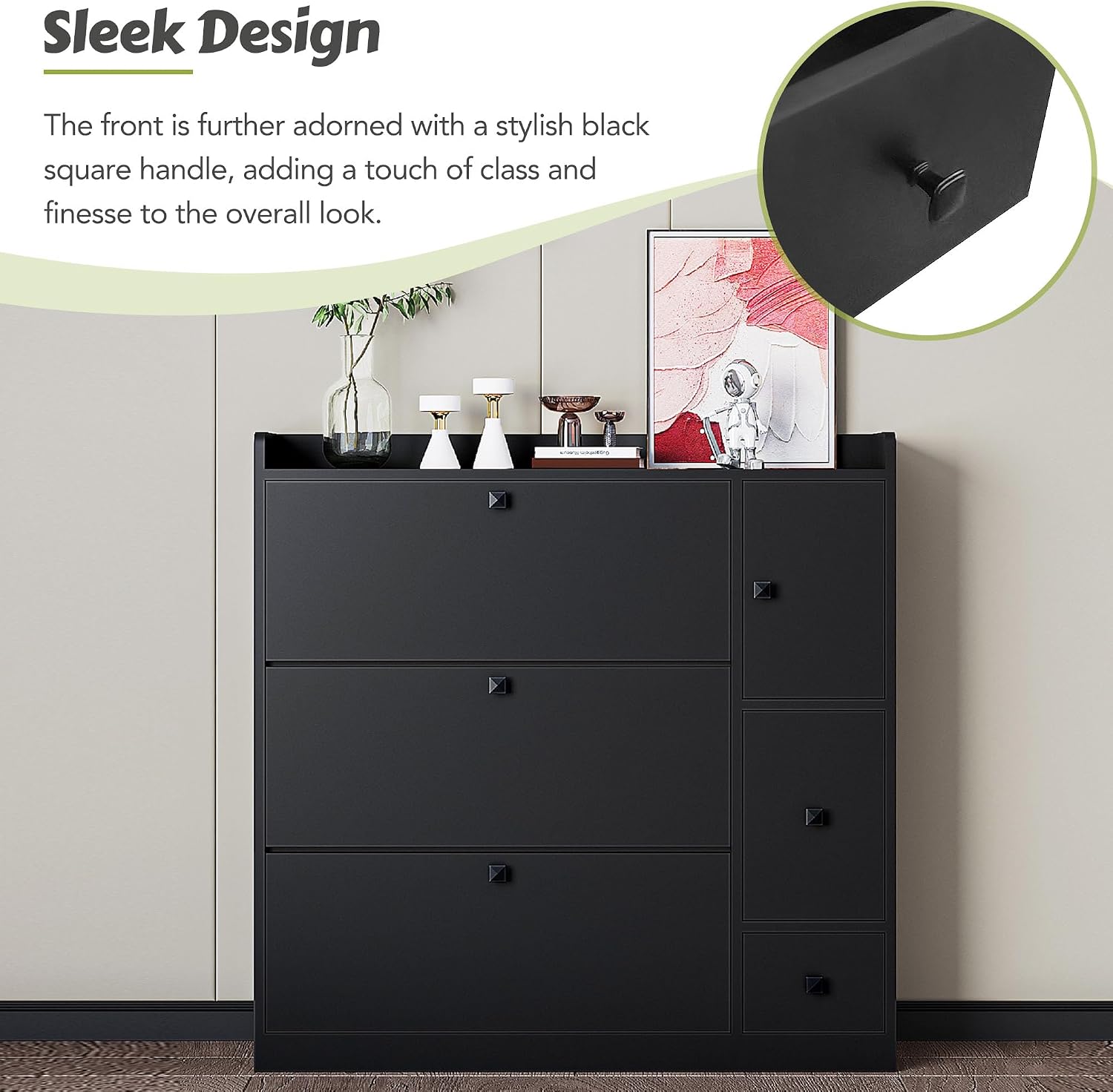 Shoe Storage Cabinet with 3 Flip Drawers, Modern Shoe Cabinet with Slide Drawer & Pull-Down Seat for Entryway Hallway, Wooden Freestanding Shoe Rack Organizer for Heels Boots Slippers (Black)