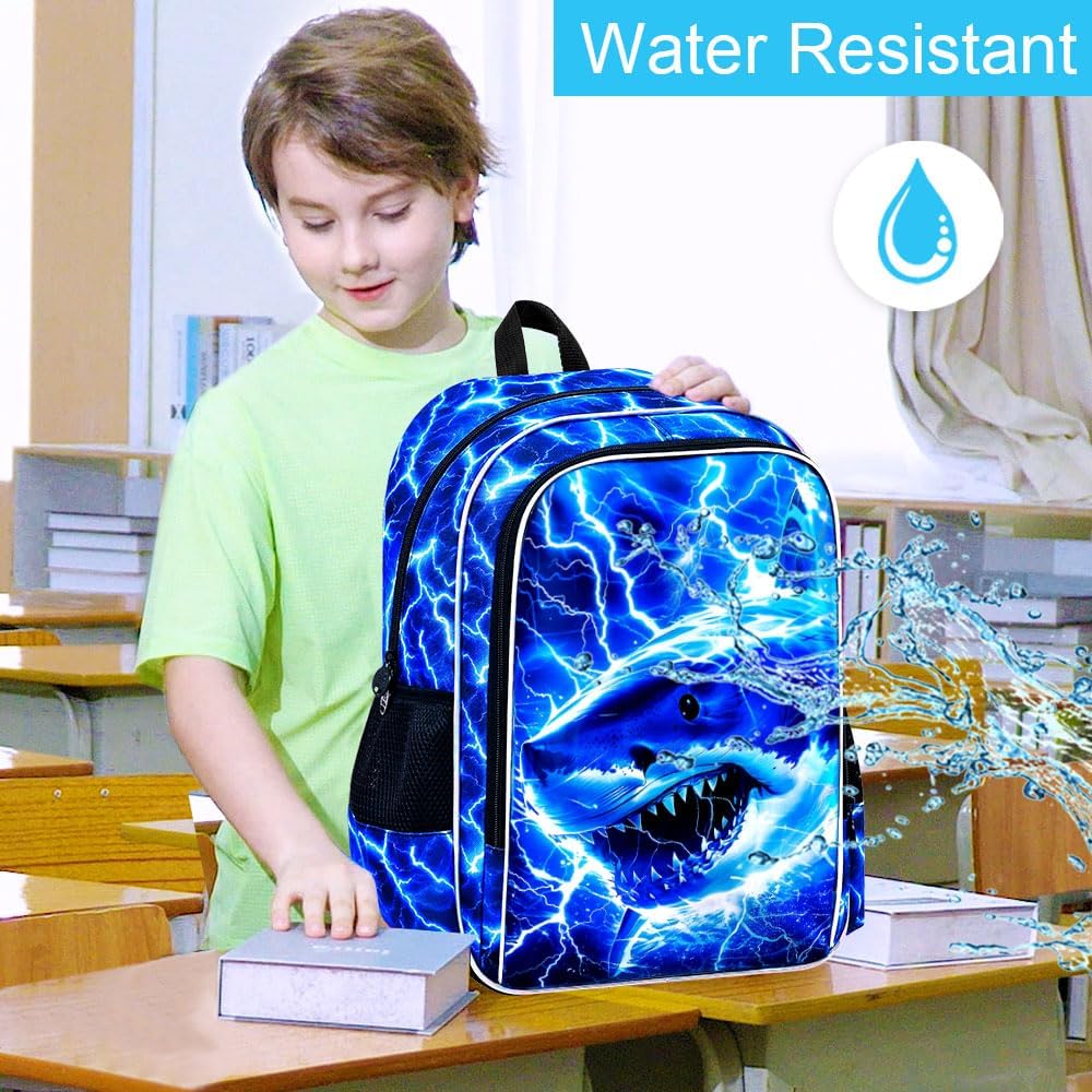 17" Shrak Backpack for Boy, 3Pcs Lightning Bookbag for Elementary Preschool Kindergarten, Kids School Thunder Backpacks with Lunch Box (Blue)