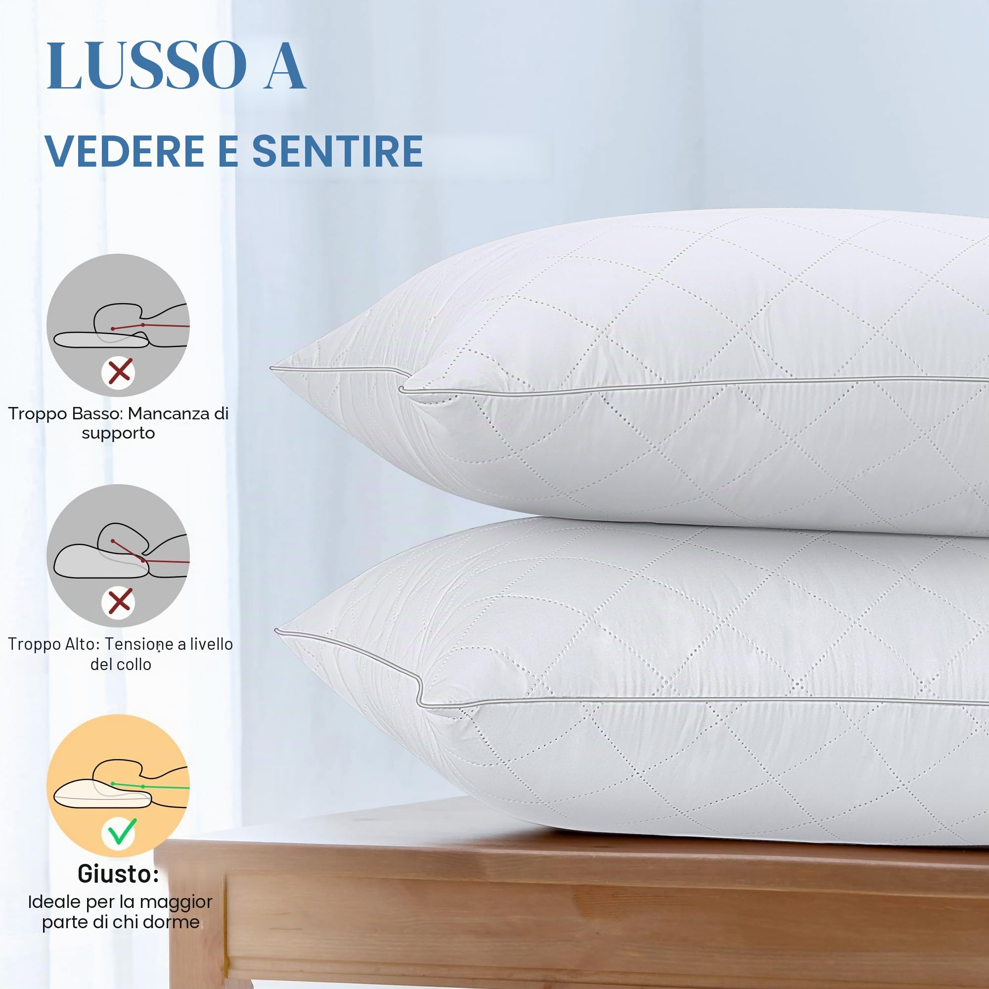TESQ Cuscini Letto 50x70 cm Set di 2, Qualità Alberghiera di Lusso Cuscino Set 2 Cuscini Morbidi e Confortevoli, Traspiranti e Ipoallergenici Certificati Oeko-TEX, Adatti a Tutte le Posizioni di Sonno
