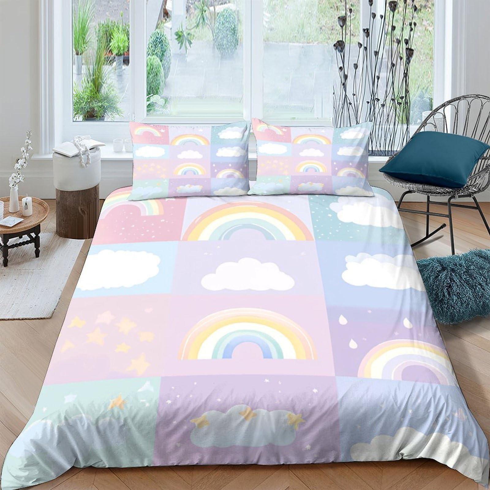 Ctjqhvkz Style-8 3D Printed Rainbow Cloud Fitted Sheet Microfiber Pastel Cartoon Bed Cover For Bedroom Guest Room Mattress Decor Single（135X200cm）