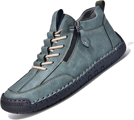 Mens Casual Leather Shoes Ankle Chukka Boots Mid top Handmade Side Zipper Slip On Loafers Lightweight Walking Driving Shoes