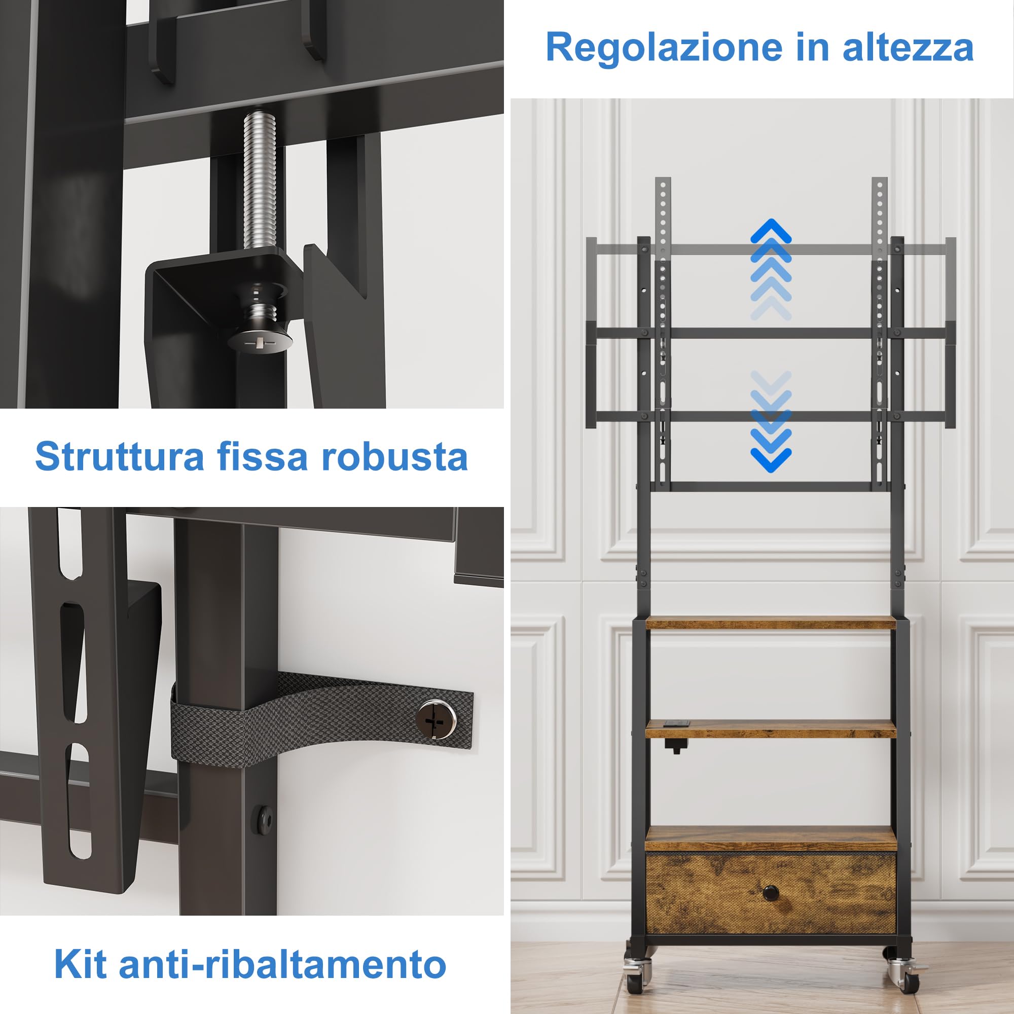 Supporto TV da Pavimento con Ruote per TV 32-75 Pollici, Marrone | Presa di Corrente e USB | 3 Ripiani | Cassetto in Tessuto | Altezza Regolabile | Max VESA 600x400 mm | Carico 50 kg