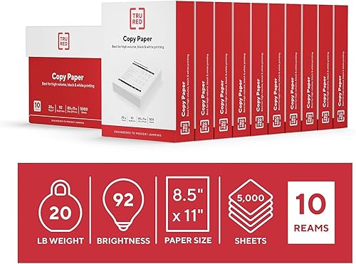 Vista 56 de Staples TRU RED Papel de copia, 8.5" x 11", brillo 92, papel de impresora de acabado liso, 20 libras, 500 hojas/resma, 3 resmas/cartón, blanco