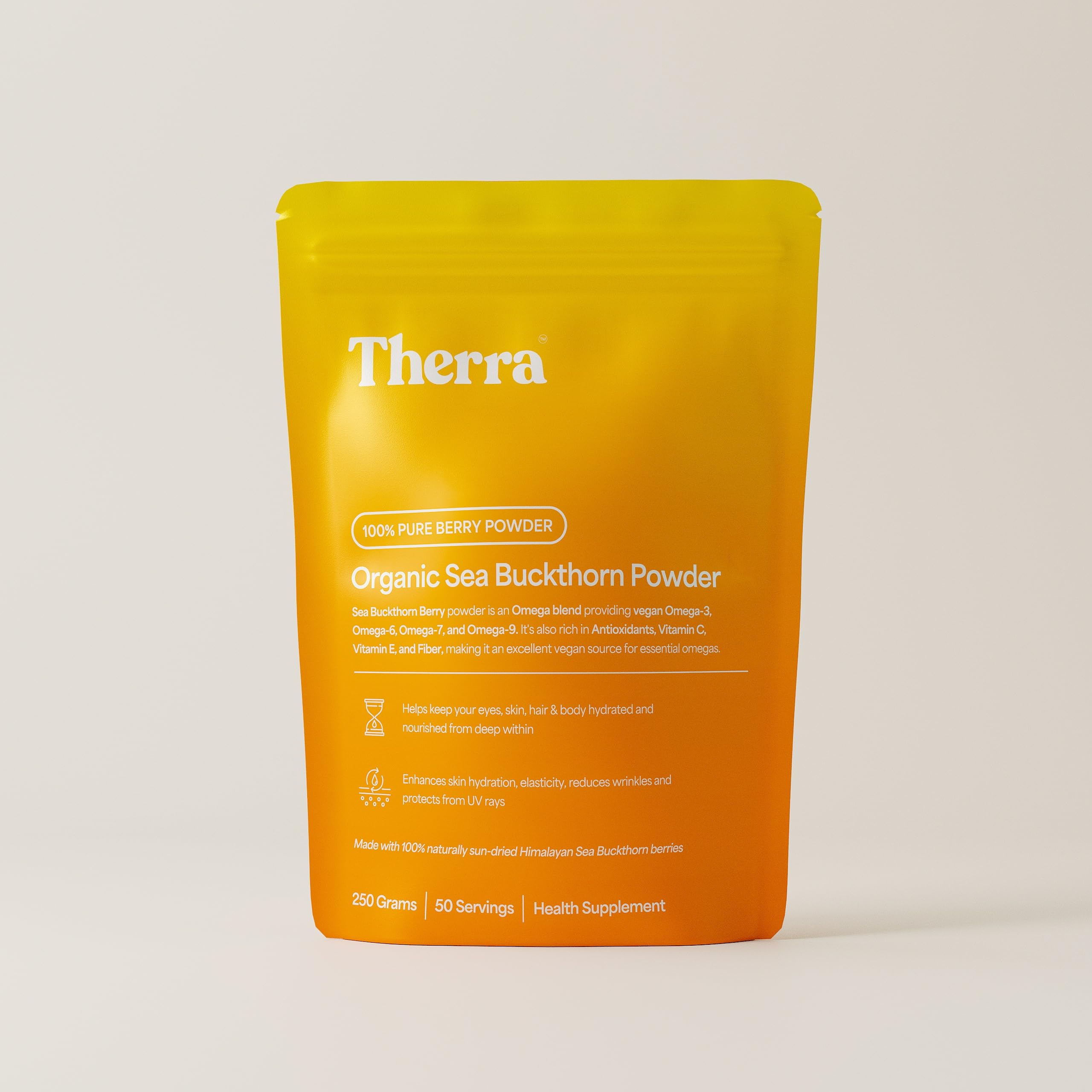 Therra Sea Buckthorn Powder - 250g | 100% Pure & Organic Sea-Buckthorn | Natural Immunity Booster with Omega 3-6-7-9 | Strong Antioxidant for Skin Glow, Gut & Heart Health | Rich in Vitamins, Fiber & Phytonutrients | Naturally Dried
