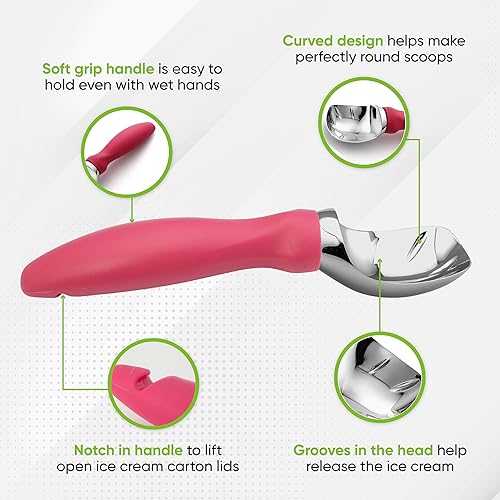 Vista 3 de Spring Chef Cuchara de helado rosa resistente con mango de agarre suave, cuchara de helado profesional, cuchara de helado de metal para masa