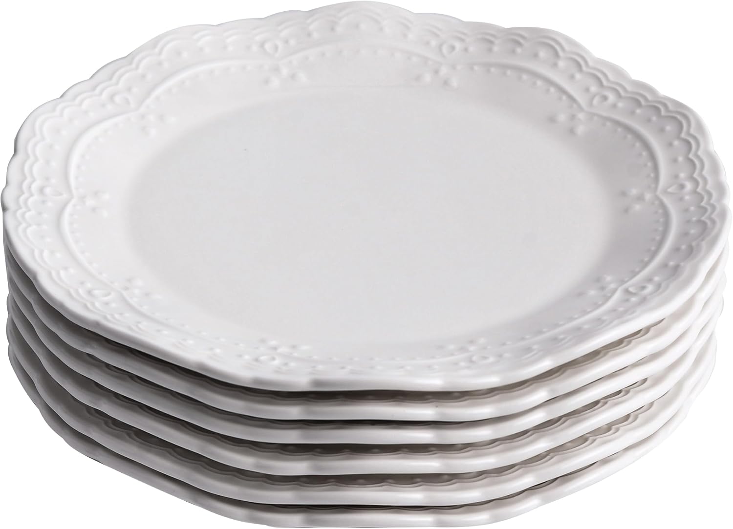 10 Inch Porcelain Dinner Plates Set of 6, White, Embossed, Dishwasher safe, Microwave safe (Picapica 10″)