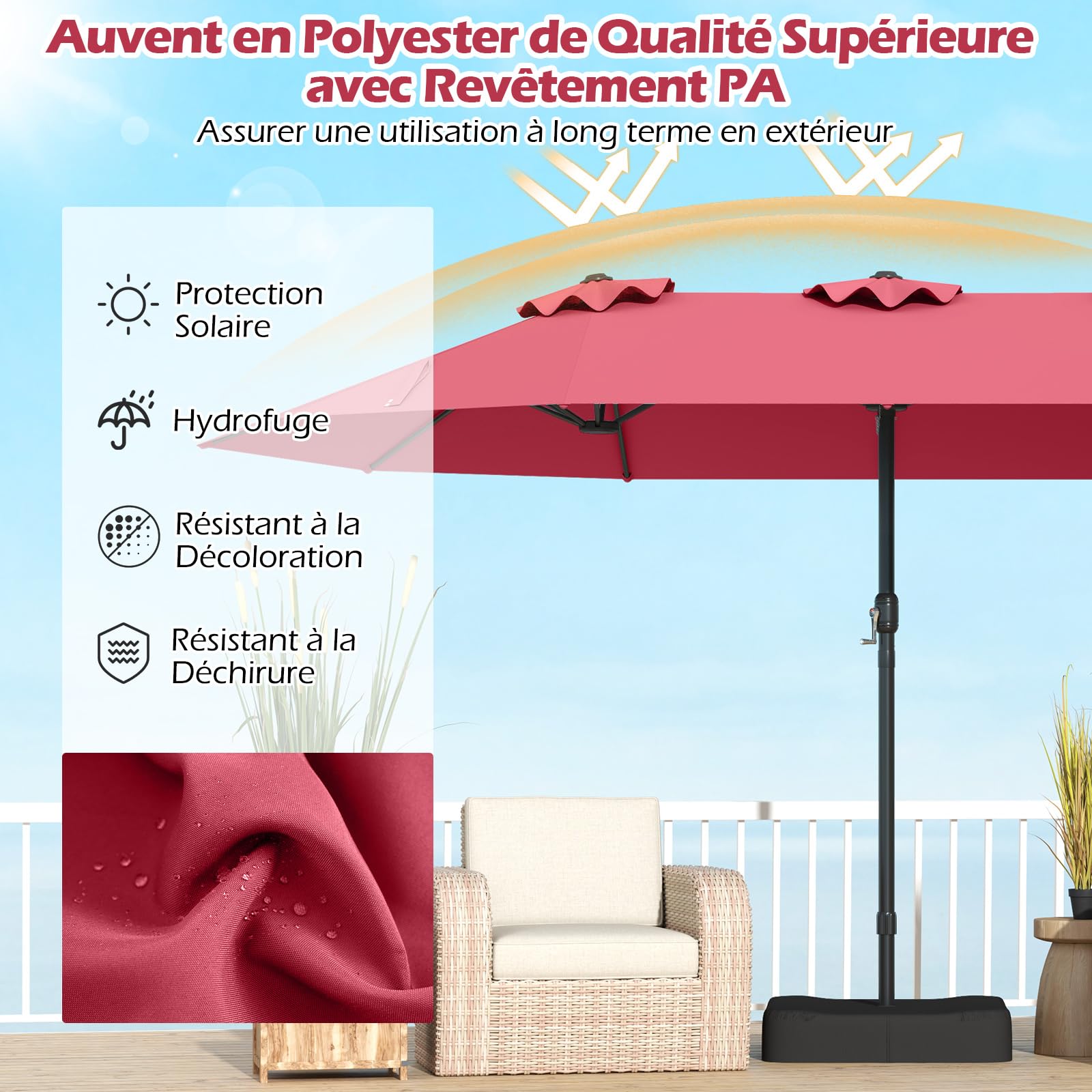 COSTWAY Parasol de Jardin Exterieur avec Pied, Parasol Double Face 4 M Rectangulaire pour 6-8 Personnes avec 2 Sacs de Sable, Manivelle, Ventilation, pour Terrasse, Patio, Piscine, Balcon, Bordeaux