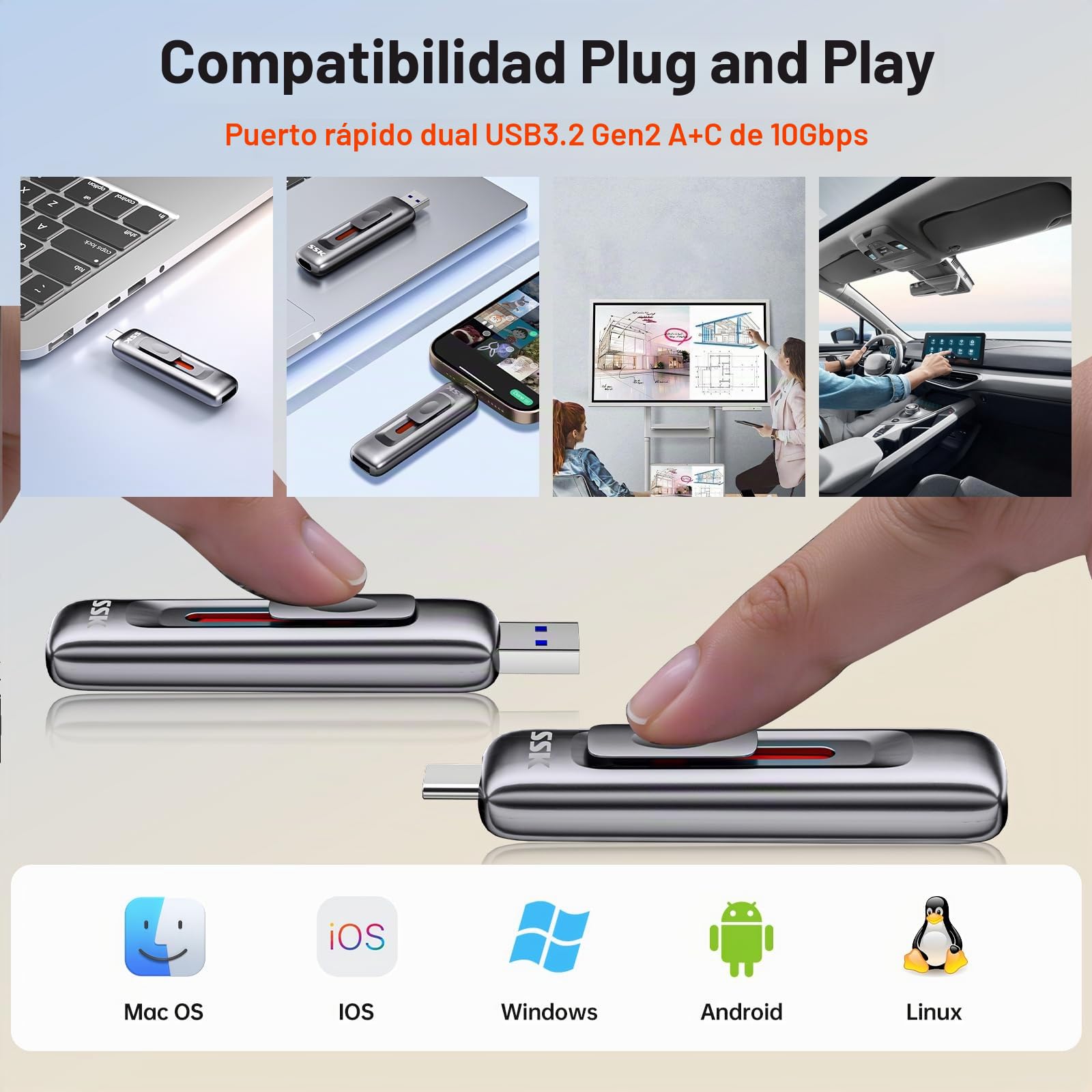 SSK USB C Pendrive 1 TB, Velocidad de Lectura y Escritura de 1000 MB/s, Dual Tipo-C + USB 3.2 Gen2 Memoria USB para iPhone 15/16, Android Phone/Tablet/Windows/Mac