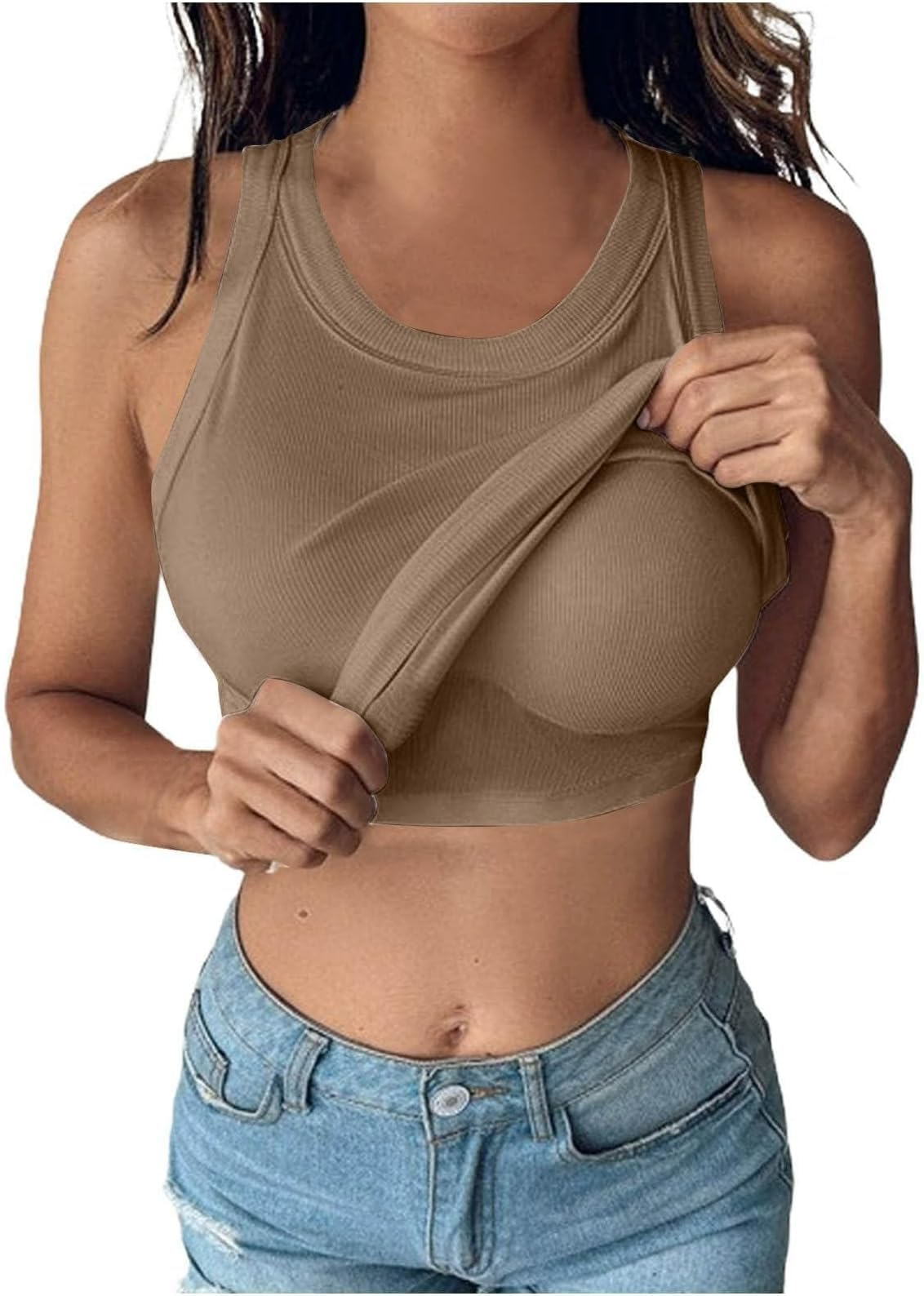 BUNSLOOM Damen Tank Top Eingebauter BH Ärmellos Ribbed Racerback Fitted Casual Shirts