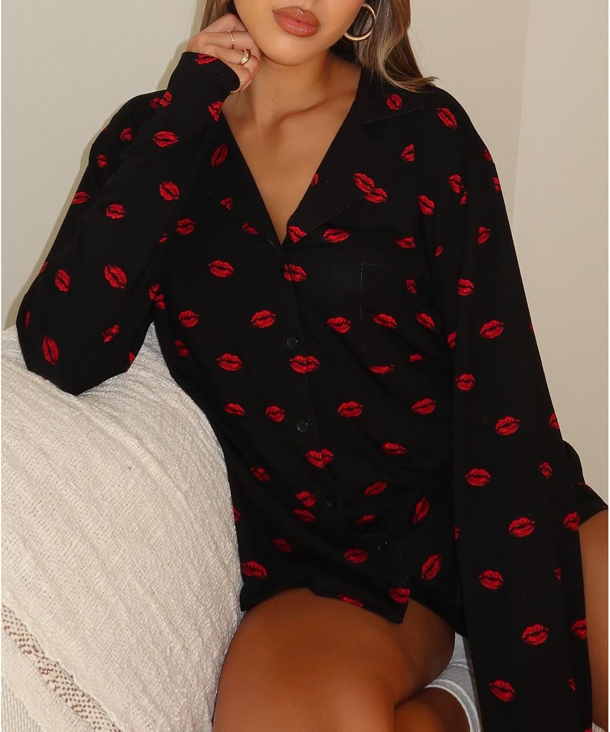 RUEWEY Women 2 Piece Pajamas Set Button up Long Sleeves Shirt and Elastic Shorts Set Loungewear Soft Sleepwear - Image 5