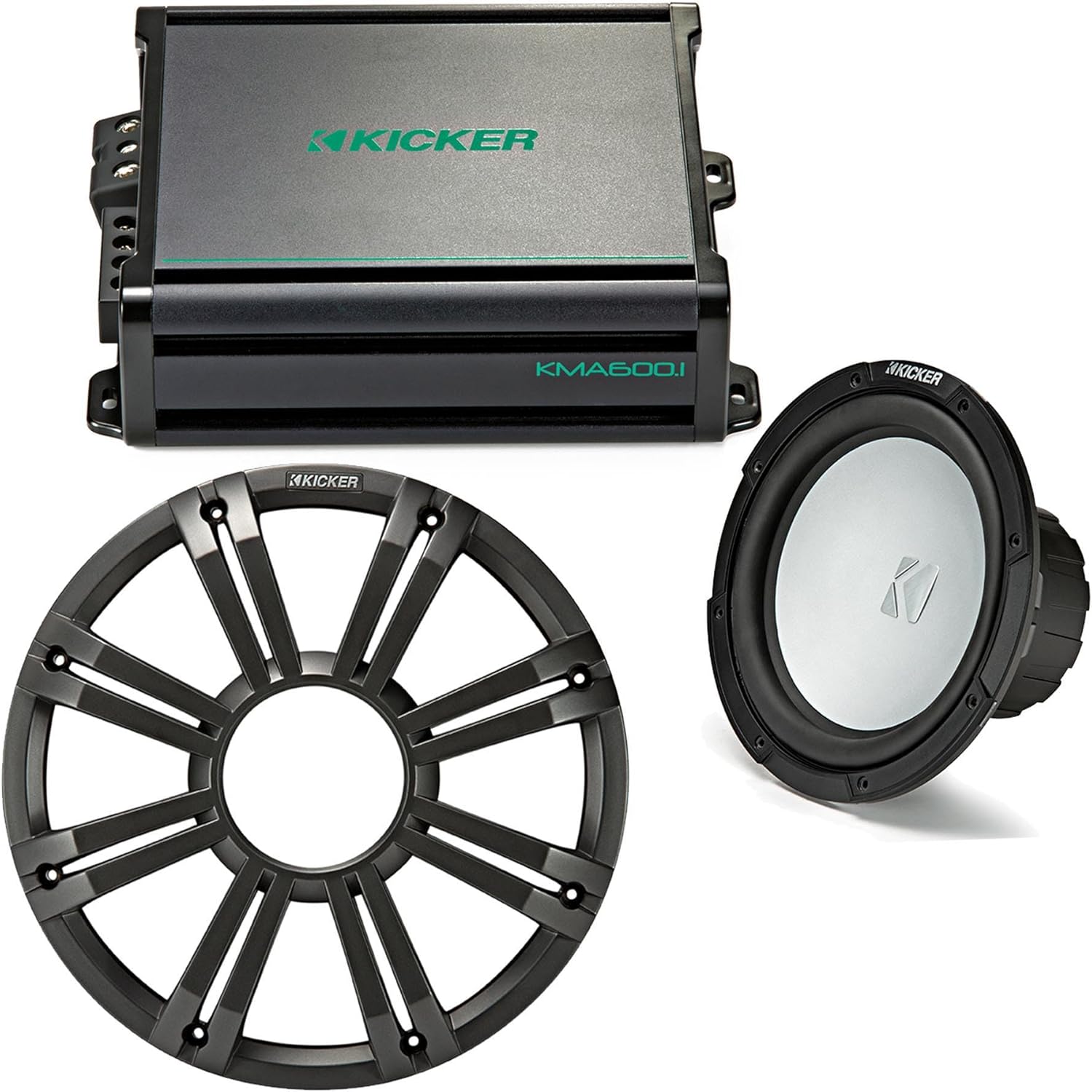 KICKER 10 Inch LED Marine Subwoofer (Charcoal) 600 Watt Amplifier Bundle