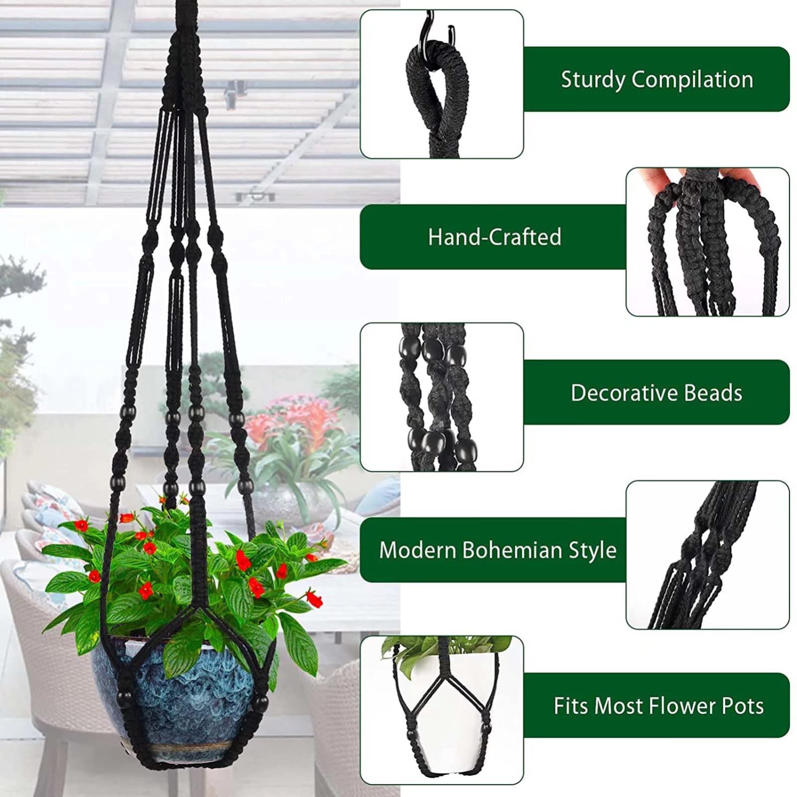 Macrame Plant Hanger 3 Colors Indoor Outdoor Hanging Planter Holder 35'' Ceiling Plant Hanger Boho Handmade Plant Cotton Rope with 6 Pcs Hooks for Home Balcony Decor Fits Max 12'' Flower Pot