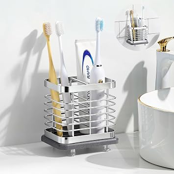 Shinowa Toothbrush Holder Wall Mounted for Bathroom, Stainless Steel Electric Toothbrush Toothpaste Holder with Fast Dry Tray, 2 Slots Adhesive and Countertop Bathroom Accessories Organizer, Silver