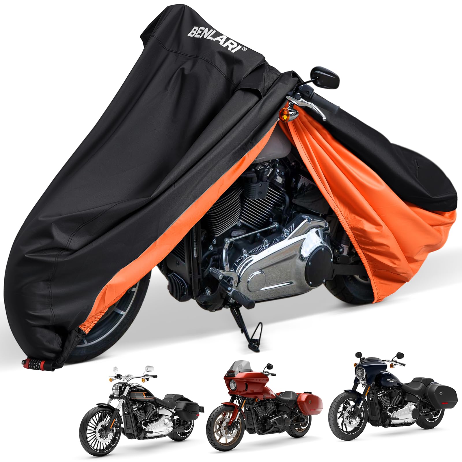 Benlari Upgraded Waterproof Motorcycle Cover Compatible with Cruiser, Softail Standard, Dyna, Forty-Eight, Nightster Special, Street Bob 114, Fat Bob 114, Sport Glide (87" x 42" x 50")