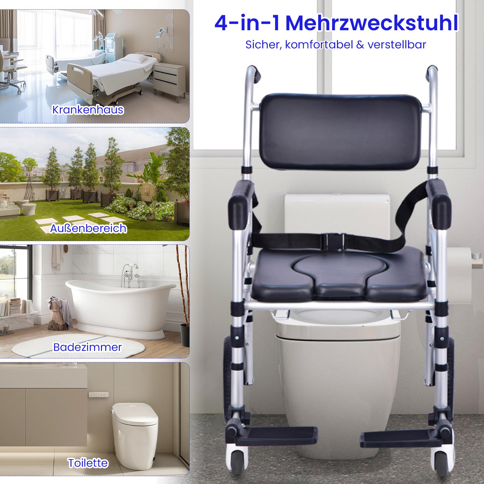 Toilettenstuhl für Senioren, Duschstuhl mit Rollen, 3-in-1 Toilettenstuhl & Duschstuhl für Senioren, inkl. Urineimer, höhenverstellbar, faltbar, mit Rollen und Armlehnen, belastbar bis 136 kg