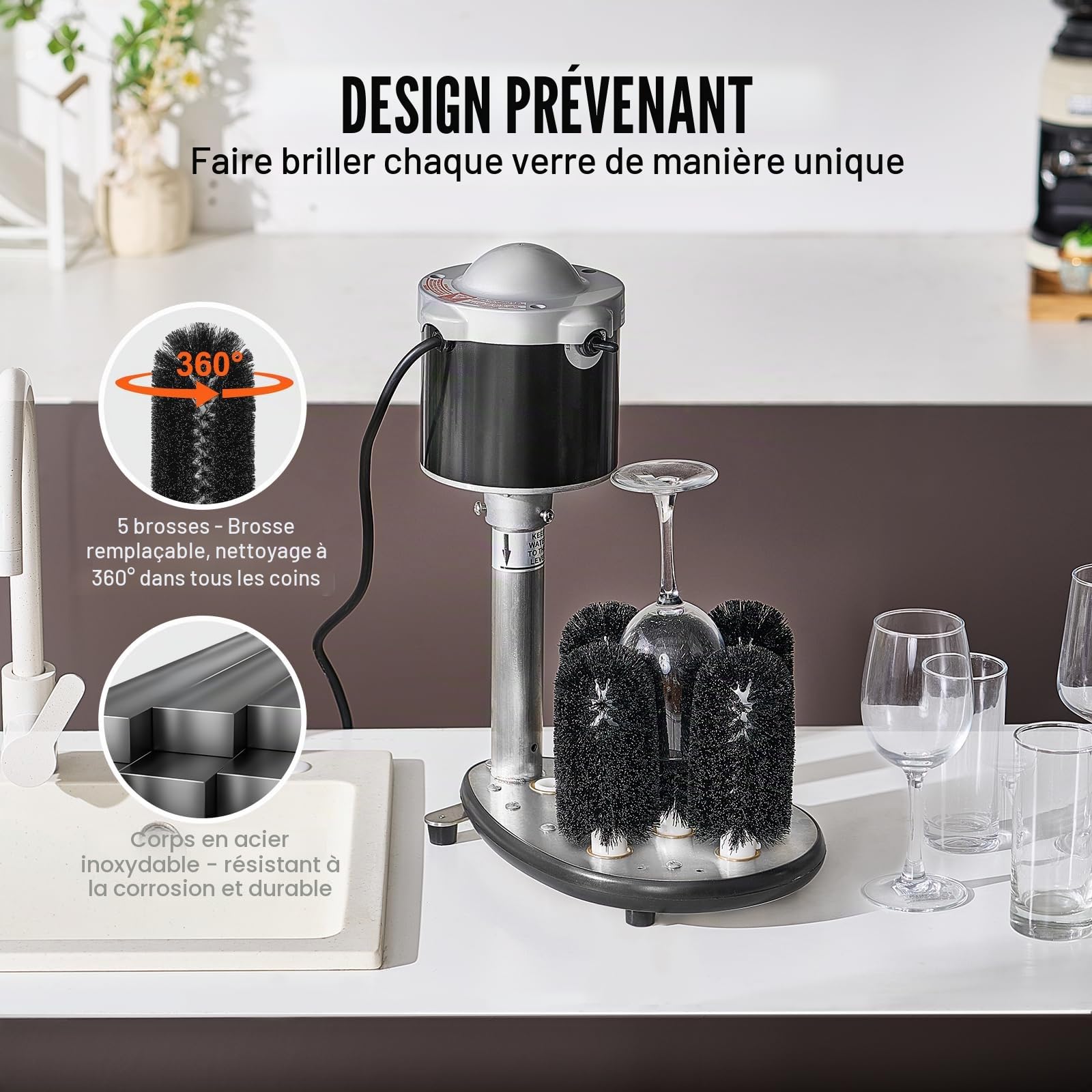 VEVOR Lave-verres Électrique Commercial, 5 Brosses Lave-verres 600 Tasses/Heure, Nettoyeur à Verres à Vin, pour Verres à Champagne, Tasses à Bière, Mugs, pour Bars, Cafés, Restaurants, Cuisine