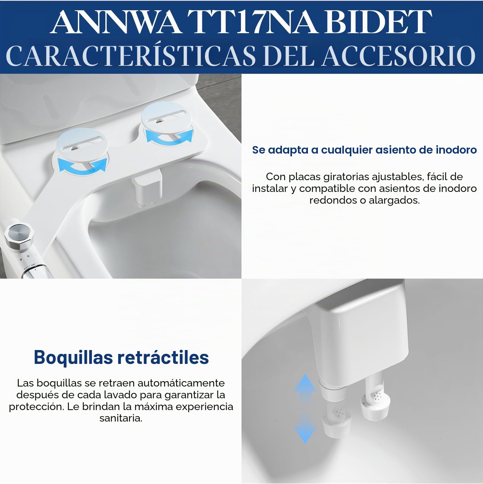 Pulverizador Bidet para WC No Eléctrico con Doble Boquilla Retráctil y Autolimpiante, Control de Presión, Limpieza Frontal y Trasera TT17NA