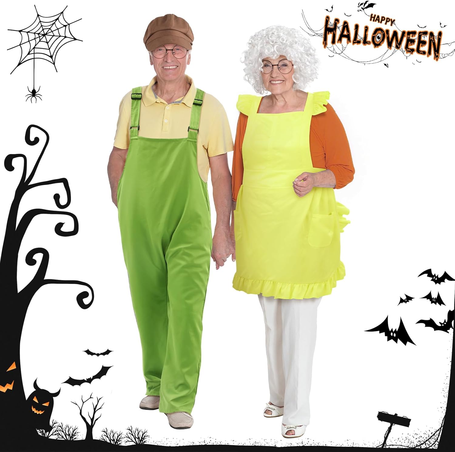 Mepase 6 Pcs Halloween Old Man and Granny Couple Costume Accessories Include White Curly Wig Octagonal Hat Round Frame Glasses Apron and Overalls for Adult Halloween Dress up Party