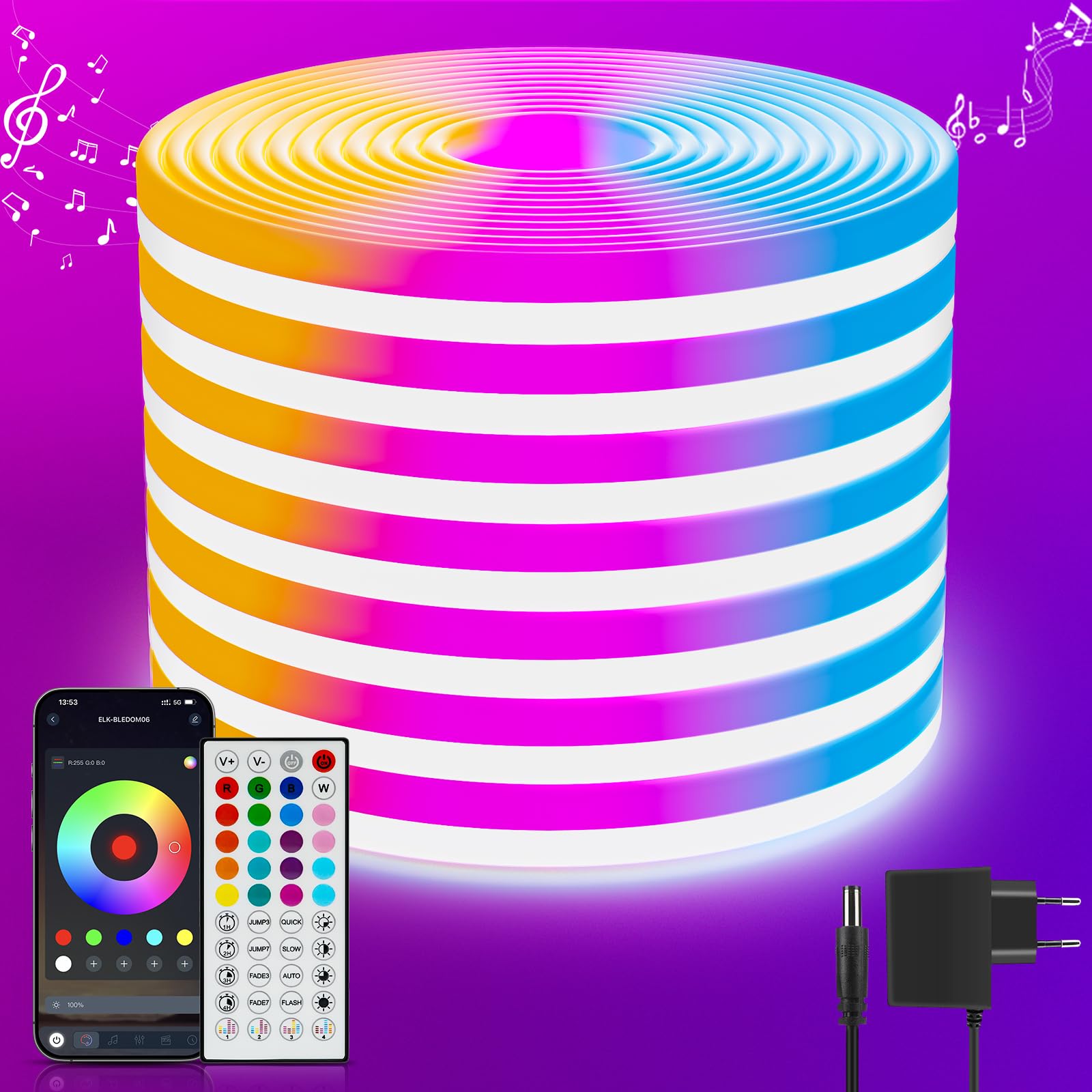 Striscia LED neon 10 m RGB, striscia LED con controllo app, telecomando IP65, impermeabile, flessibile, per esterni, 24 V, tubo luminoso per interni, musica fai da te per stanza, parete, gioco