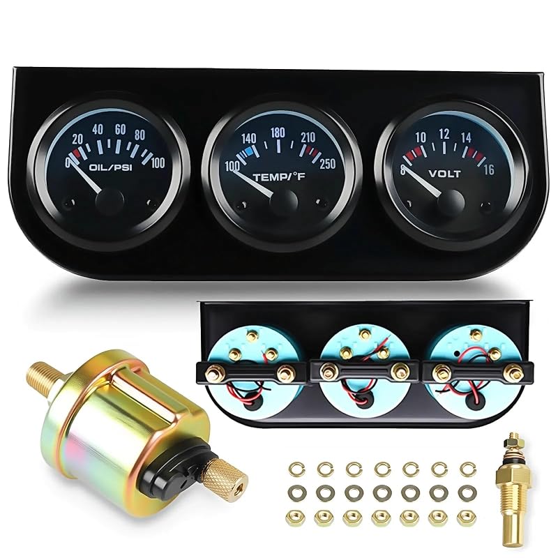 Kit de 3 Manômetros Automotivos BLLYOGU 52 mm 12 V – Voltímetro, Temperatura da Água e Pressão do Óleo