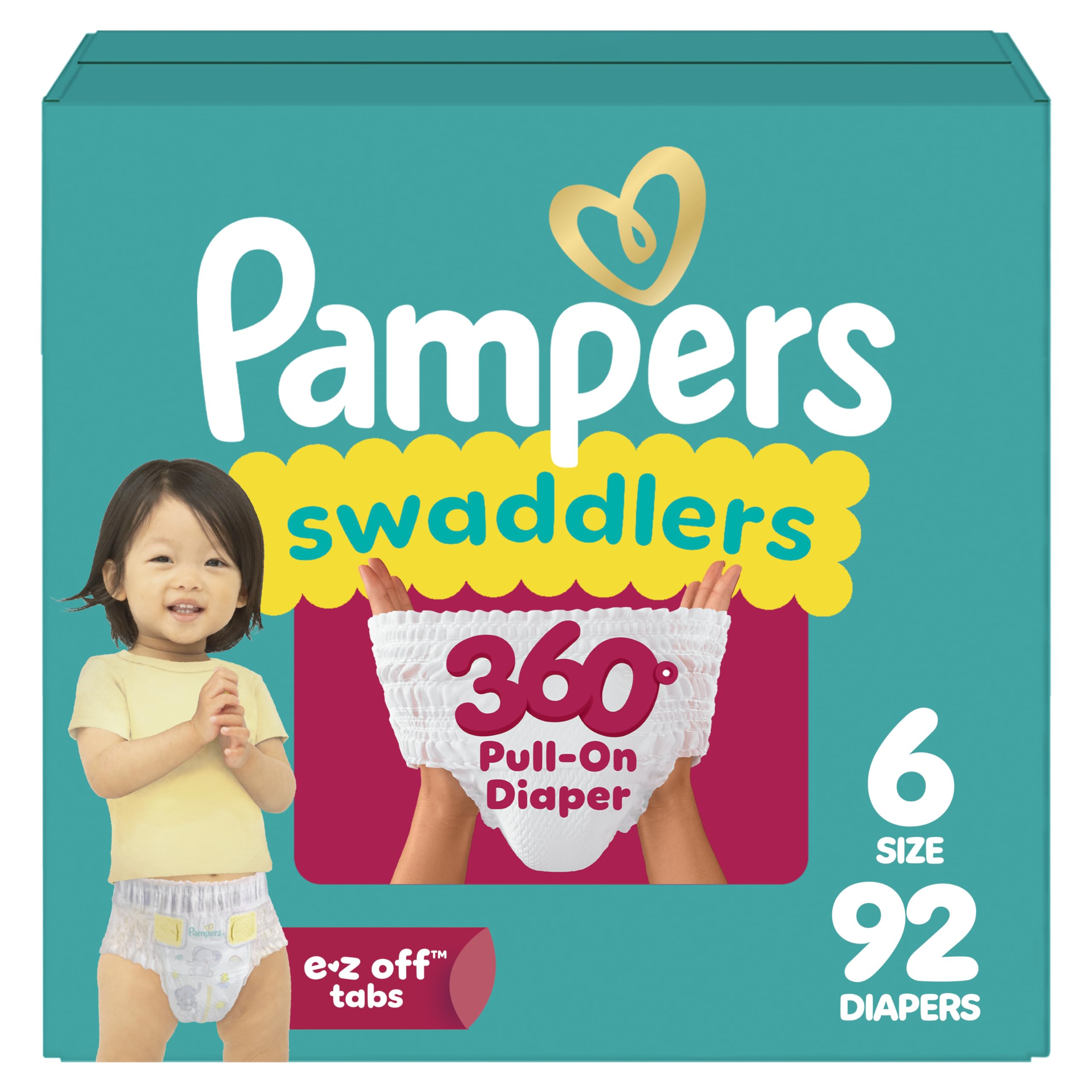 Pampers Diapers - Swaddlers 360° - Size 6, 92 Count, up to 100% Leakproof Comfy Dry Fit, Designed for Easy Changes, Pull On Baby Diaper (Packaging May Vary)