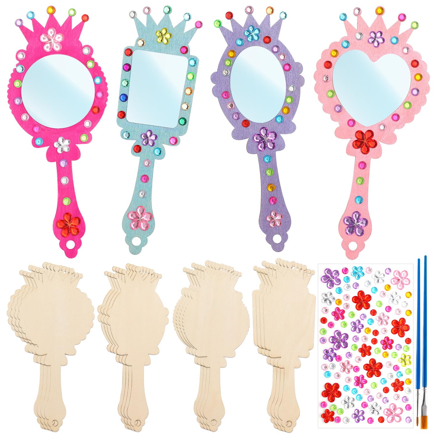 XJWWHZ 12 Pack Wooden Mirror Craft for Kids, DIY Princess Mirrors for Girls, Paint Wooden Hand Mirror for Art Activities