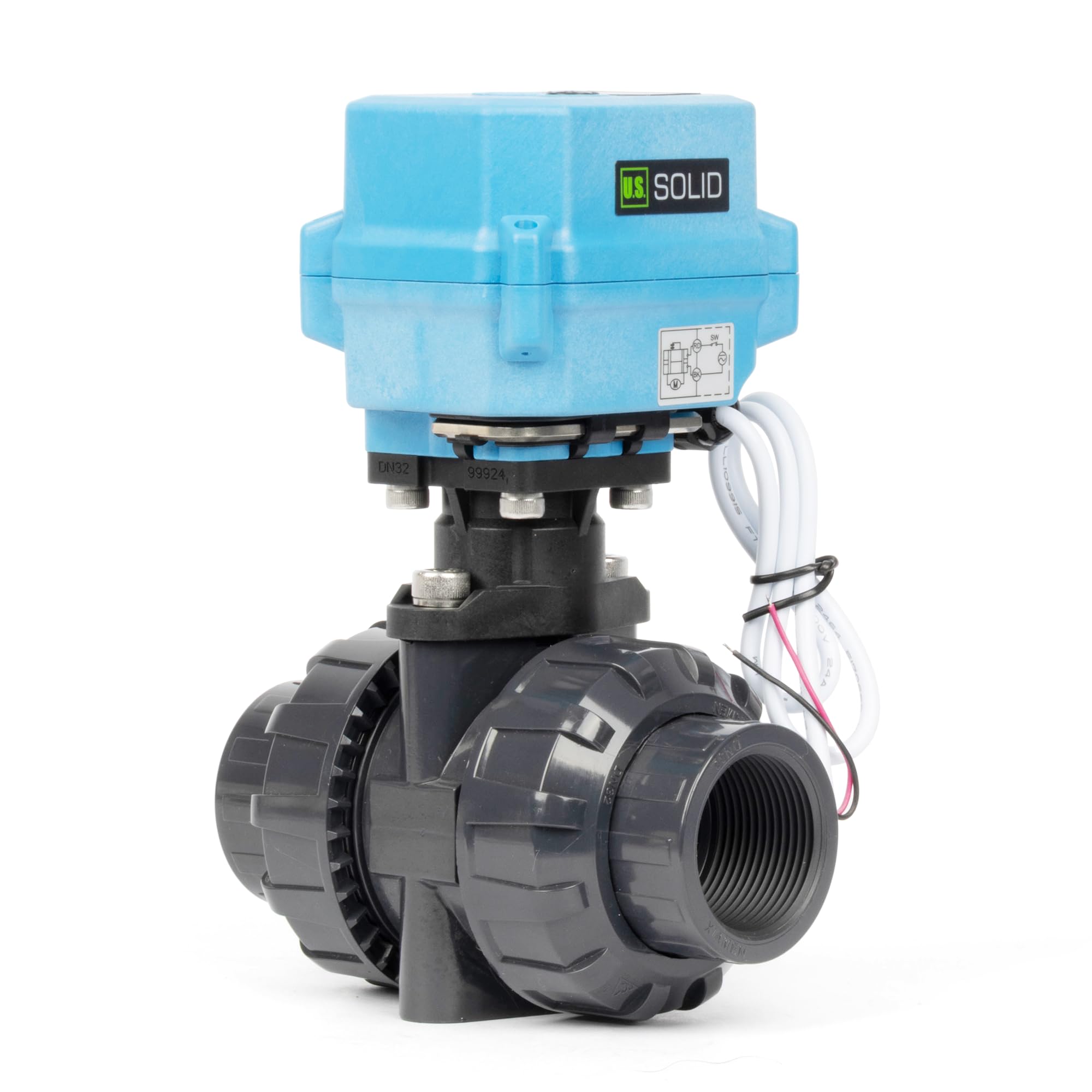 U.S. Solid 1 1/4" UPVC Elektrischer Kugelhahn, G-Gewinde, 9–24 V AC/DC, 2-Draht-Auto-Rücklauf, IP67, stromlos geschlossen mit manuellem Reset für Wasser und Luftsysteme