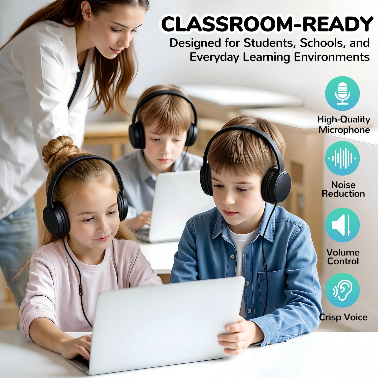 Paquete de 10 auriculares a granel con micrófono para niños en el aula escolar, auriculares supraaurales duraderos con cable para estudiantes y adolescentes, conector de 3.5 mm para laptop