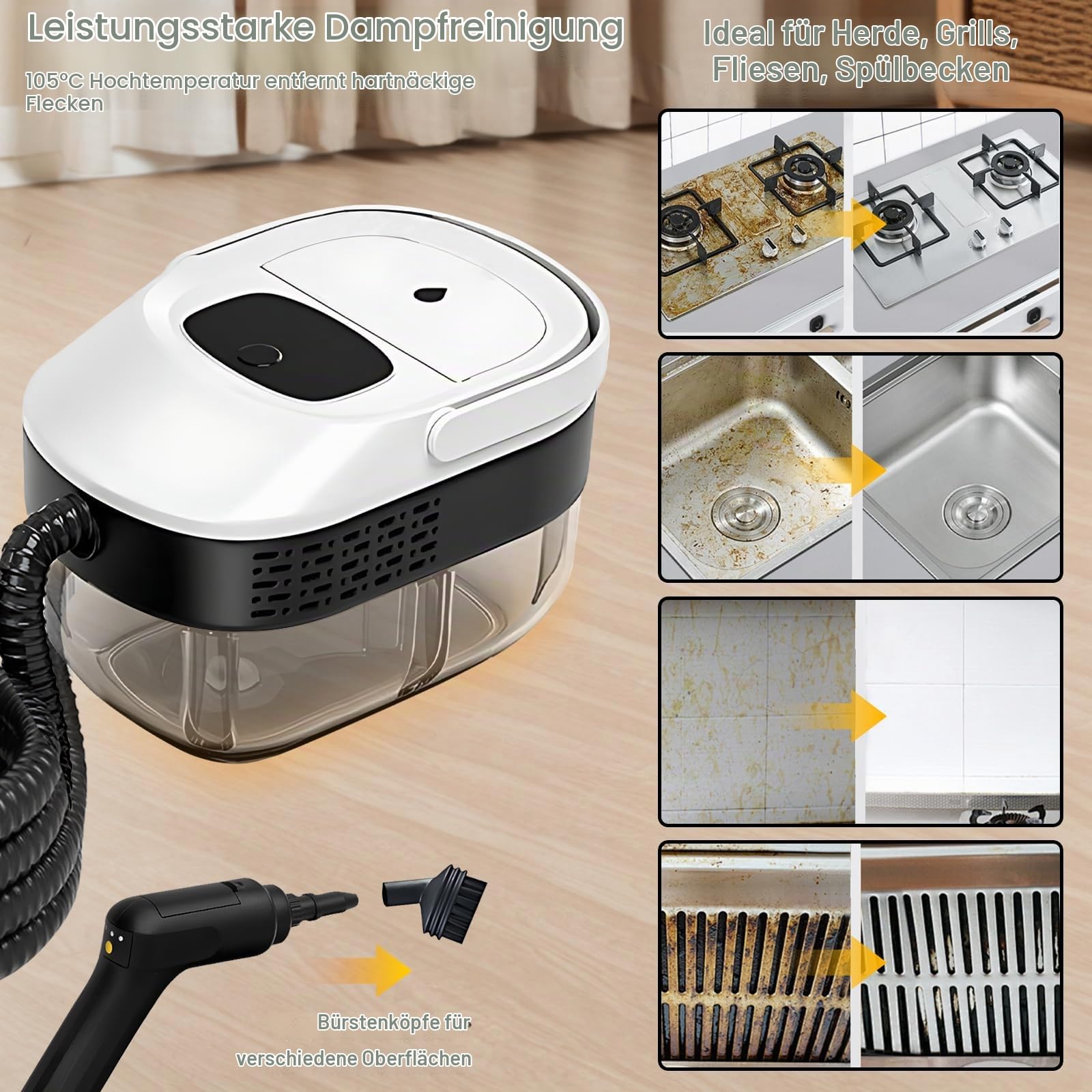 Dampfreiniger Hochdruck 2500W, mit 1600ml Wassertank, Tragbarer Dampfreiniger, Dampfreinigunger für Auto, Fenster, Küche & Haushalt (ohne akku)