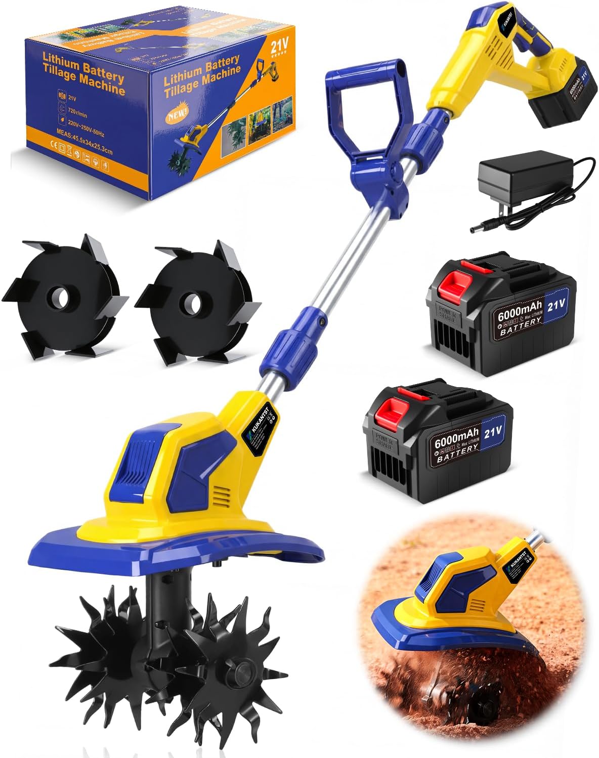 21V Cordless Tiller Cultivator, 720RPM Electric Tiller with 2 * 6.0Ah Batteries, Extra Weeding Wheel, 9.0" Tilling Width 6.7" Depth, Power Rototillers for Gardening/Lawn/Soil Cultivation (Large)