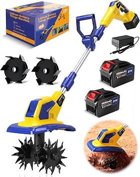 21V Cordless Tiller Cultivator, 720RPM Electric Tiller with 2 * 6.0Ah Batteries, Extra Weeding Wheel, 9.0" Tilling Width 6.7" Depth, Power Rototillers for Gardening/Lawn/Soil Cultivation Large