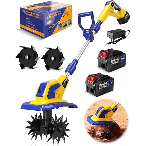21V Cordless Tiller Cultivator, 720RPM Electric Tiller with 2 * 6.0Ah Batteries, Extra Weeding Wheel, 9.0" Tilling Width 6.7" Depth, Power Rototillers for Gardening/Lawn/Soil Cultivation (Large)