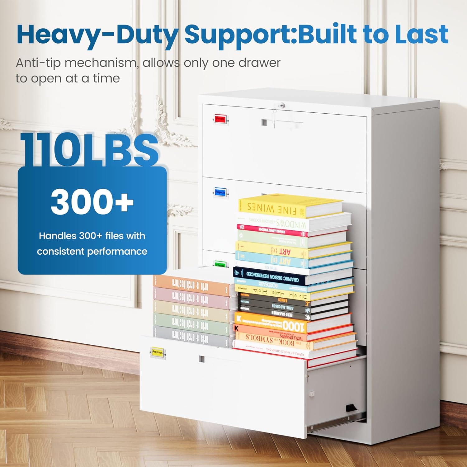 PEUKC 4 Drawer File Cabinet, Lateral Filing Cabinets for Home Office, Office Storage Drawers with Lock, Hanging Files Legal/Letter A4 Size (Assemble Required,White)