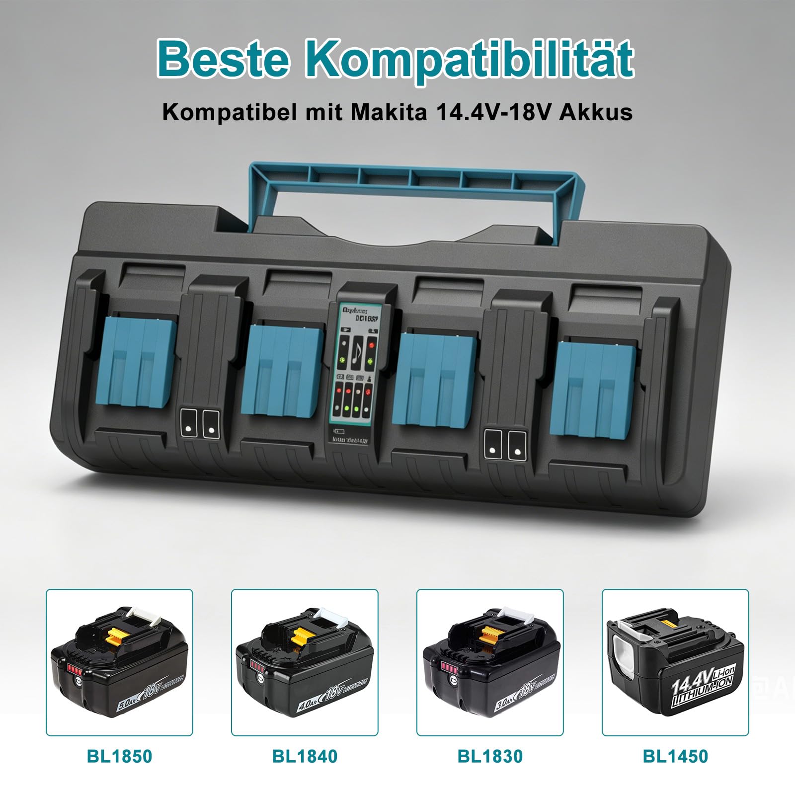 4-Fach Schnellladegerät DC18SF für Makita Ladegerät 18V | Kompatibel mit Makita Akku 18V/14.4V BL1850 BL1840 BL1830 BL1430 BL450 DC18RC DC18RD
