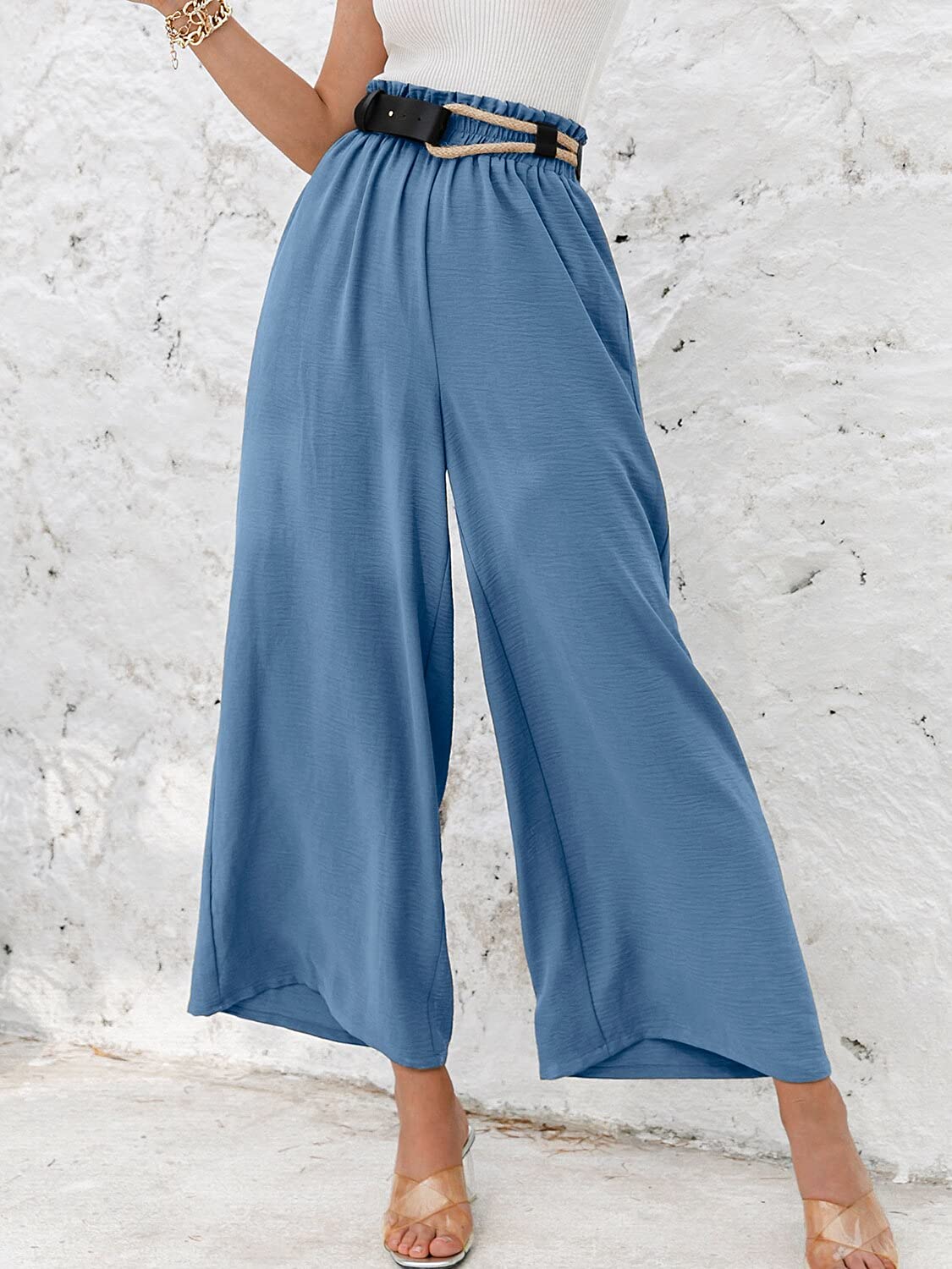 Boho spodnie z wysokim stanem dla kobiet, panterka szerokie nogawki zwiewne spodnie, Niebieski szary, M