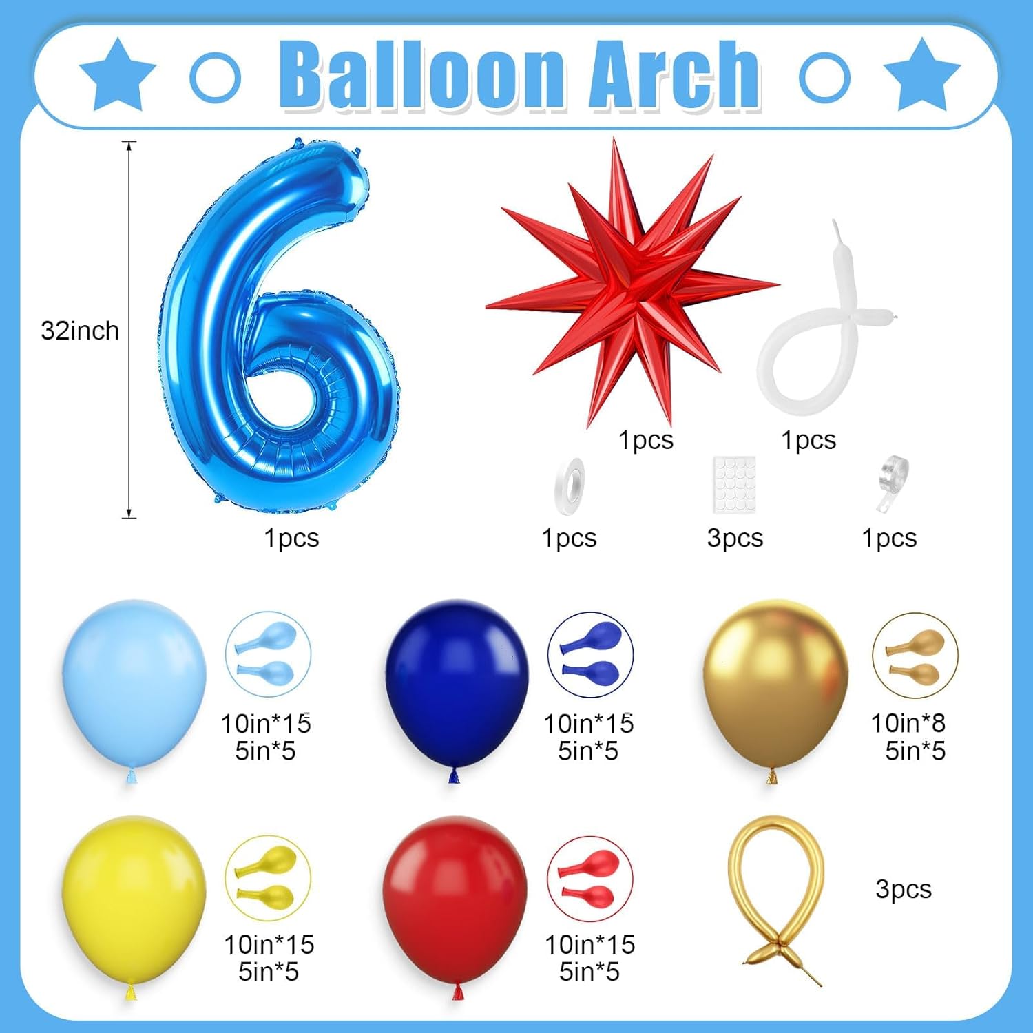 Red Blue Yellow 6th Birthday Balloons Arch, Royal Blue Metallic Gold Balloon Garland Kit, Red Star Foil Blue Number 6 Balloon Tower for 6 Year Old Kids Boys Birthday Baby Shower Party Decorations - Image 2