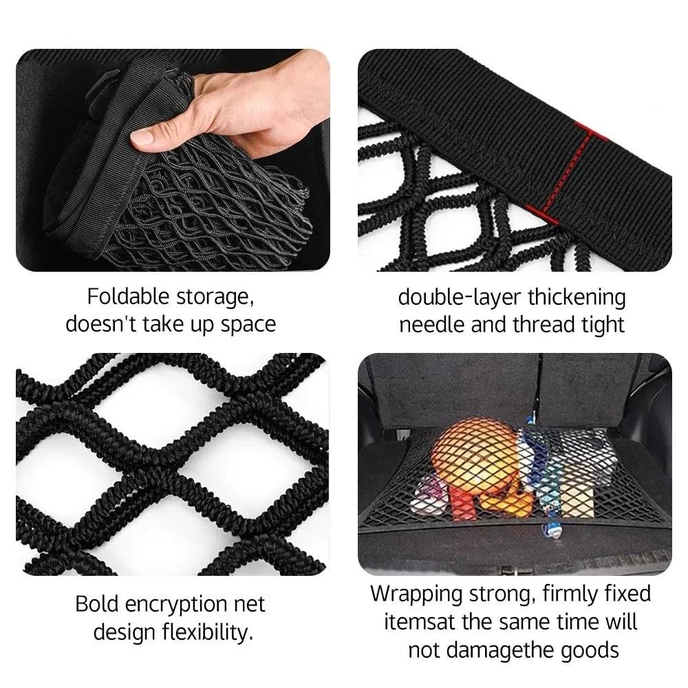 Filets pour Auto Organiseur Coffre Voiture Universel Filet Chargement Élastique en Nylon Robuste Rangement SUV Berline Voyage Camping Accessoires(Couche Double)