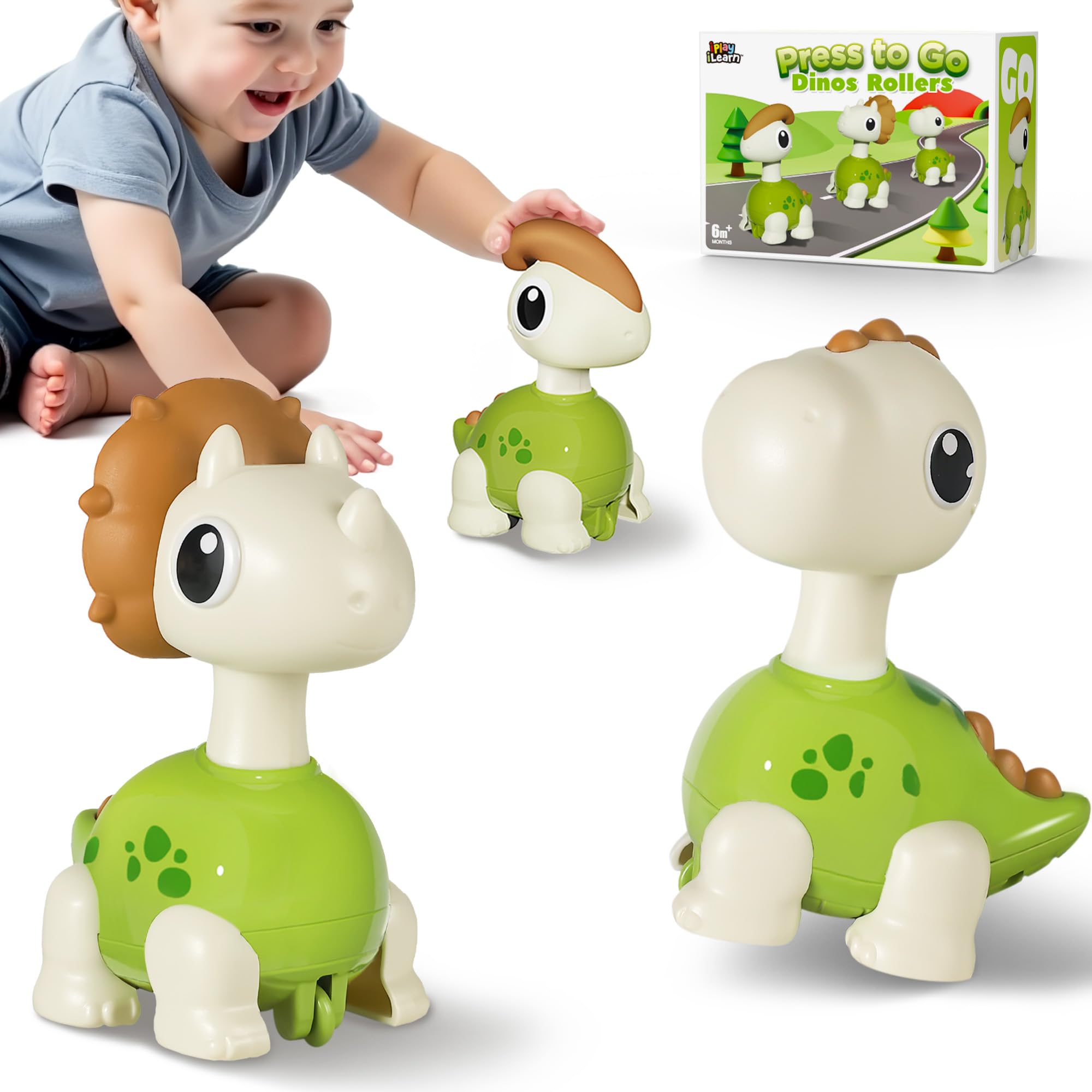 iPlay, iLearn Mini Dinosaur Press to Go Car Toys for Toddlers 1-3, Baby Dinos Racing Cars, Infant Push Go Play Vehicle Set for 6-9-12-18 Months, Baby 1st Birthday Gifts for 1-2 Years Old Boys Girls