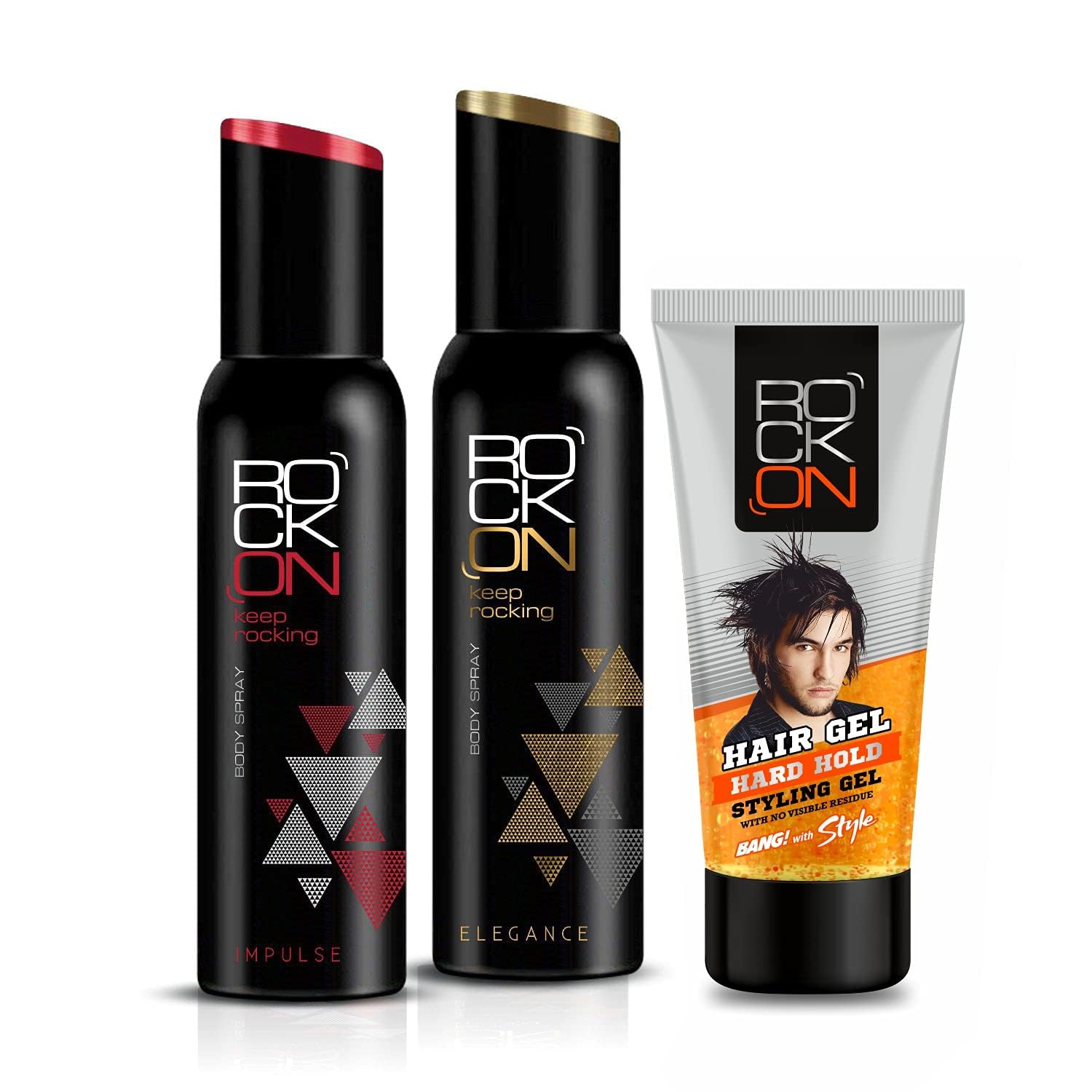 RockOn Deodorant Body Spray Perfume 150ml with Hard Hold Hair Gel for Men Strong Hold Stylish Gel 60g ,Daily Use - Combo Pack of 3 (Elegance, Impulse & Hard Hold Gel)