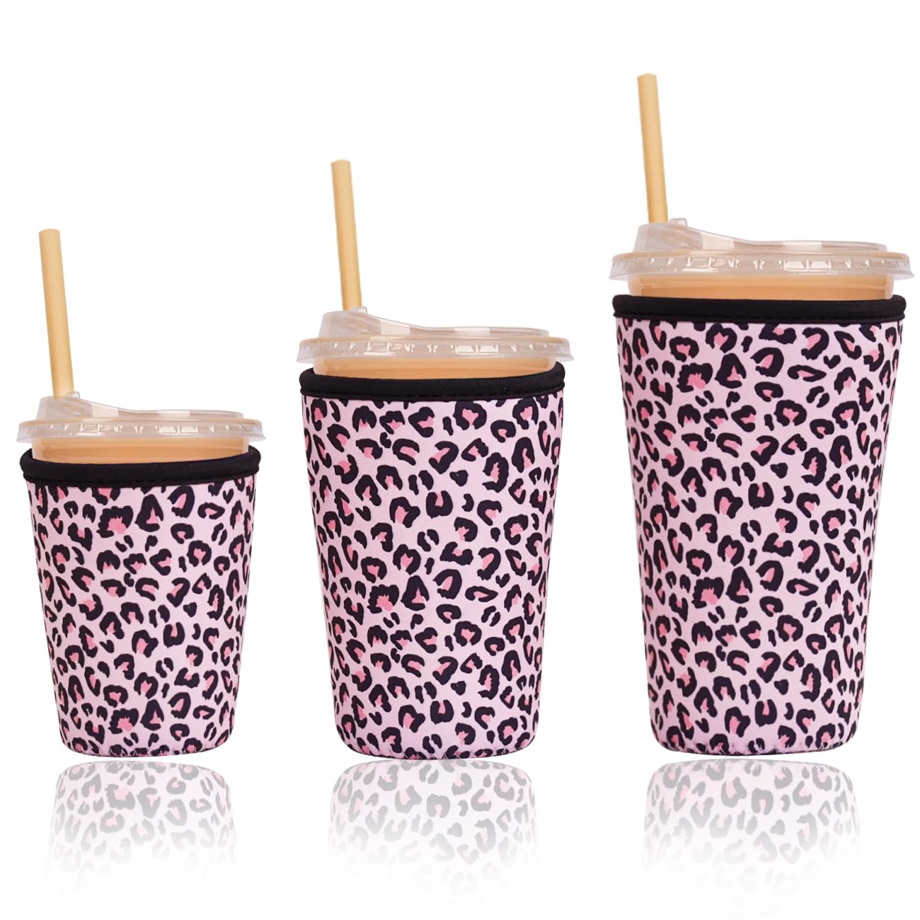 Reusable Insulated Sleeve for Iced Coffee Cup, 3-Pack Coffee Neoprene Drink Sleeve for Cold &amp; Hot Drinks, Beverage Holder for Iced Coffee (Pink Leopard)