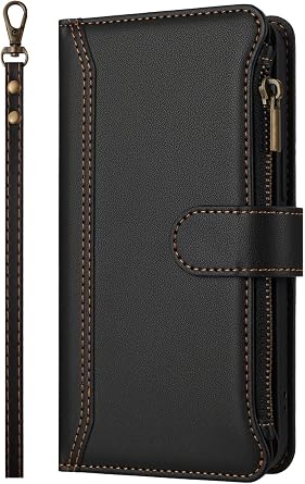 for Asus Rog Phone 9 Pro Wallet Case with Card Holder, PU Leather Flip Cover with Wrist Strap Magnetic Zipper Pocket - Black