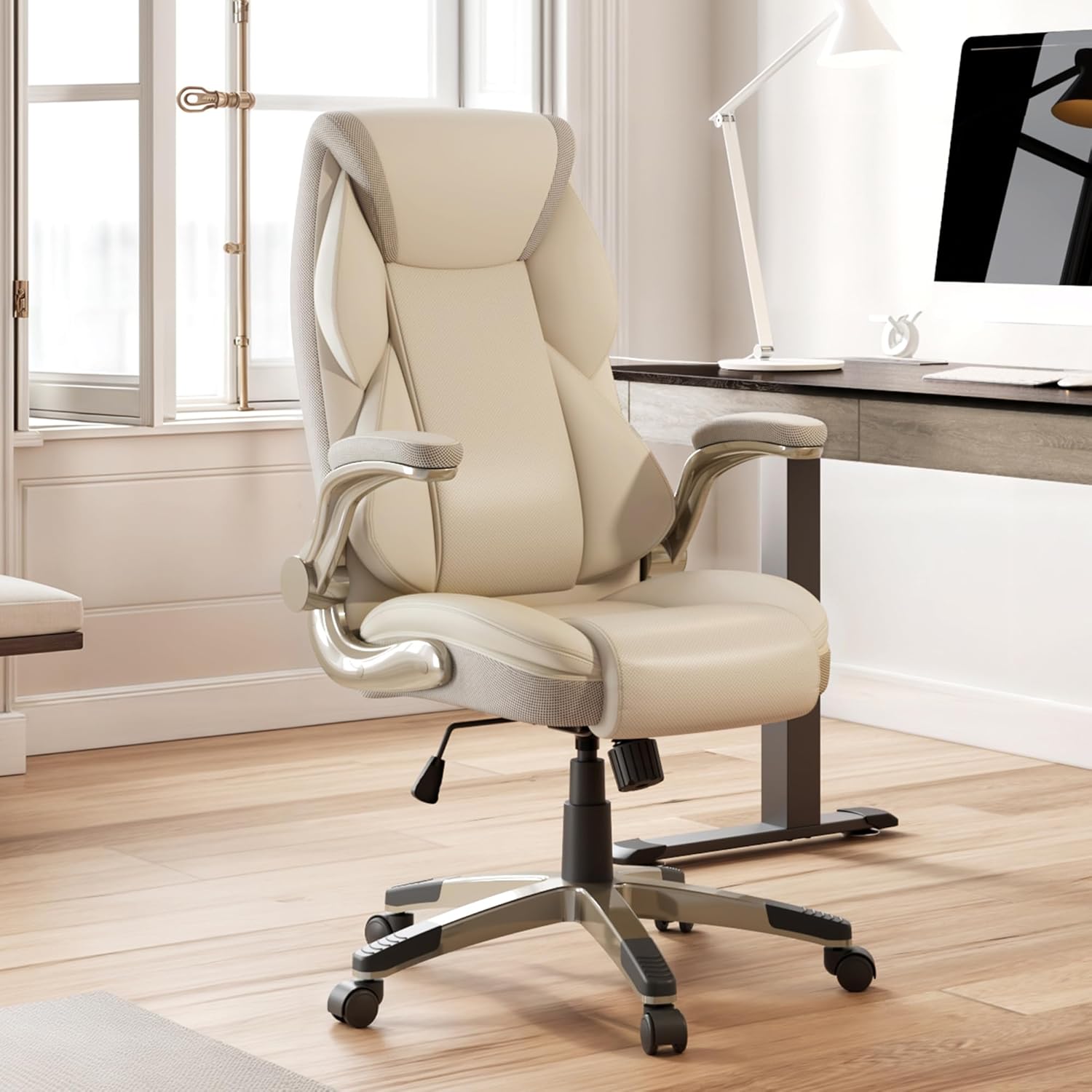 EUREKA ERGONOMIC Galene Executive Office Chair Flip Up Arm Rest, Ergonomic Desk Chair Faux Leather Computer Chair, High Back Office Chair with Headrest, Home Office Desk Chairs with Wheels, Beige