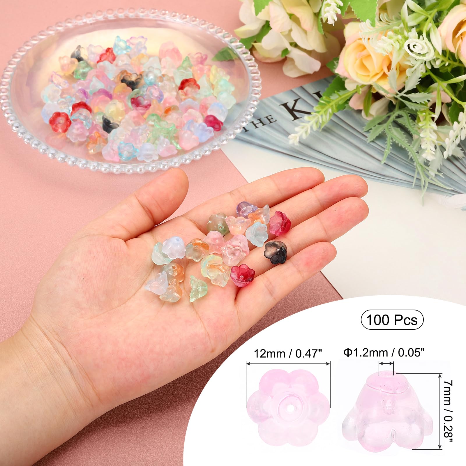 PATIKIL Glass Trumpet Flower Beads, 100 Pcs Gradient Flower Bead Charm for DIY Craft Decorations Pink - Image 2