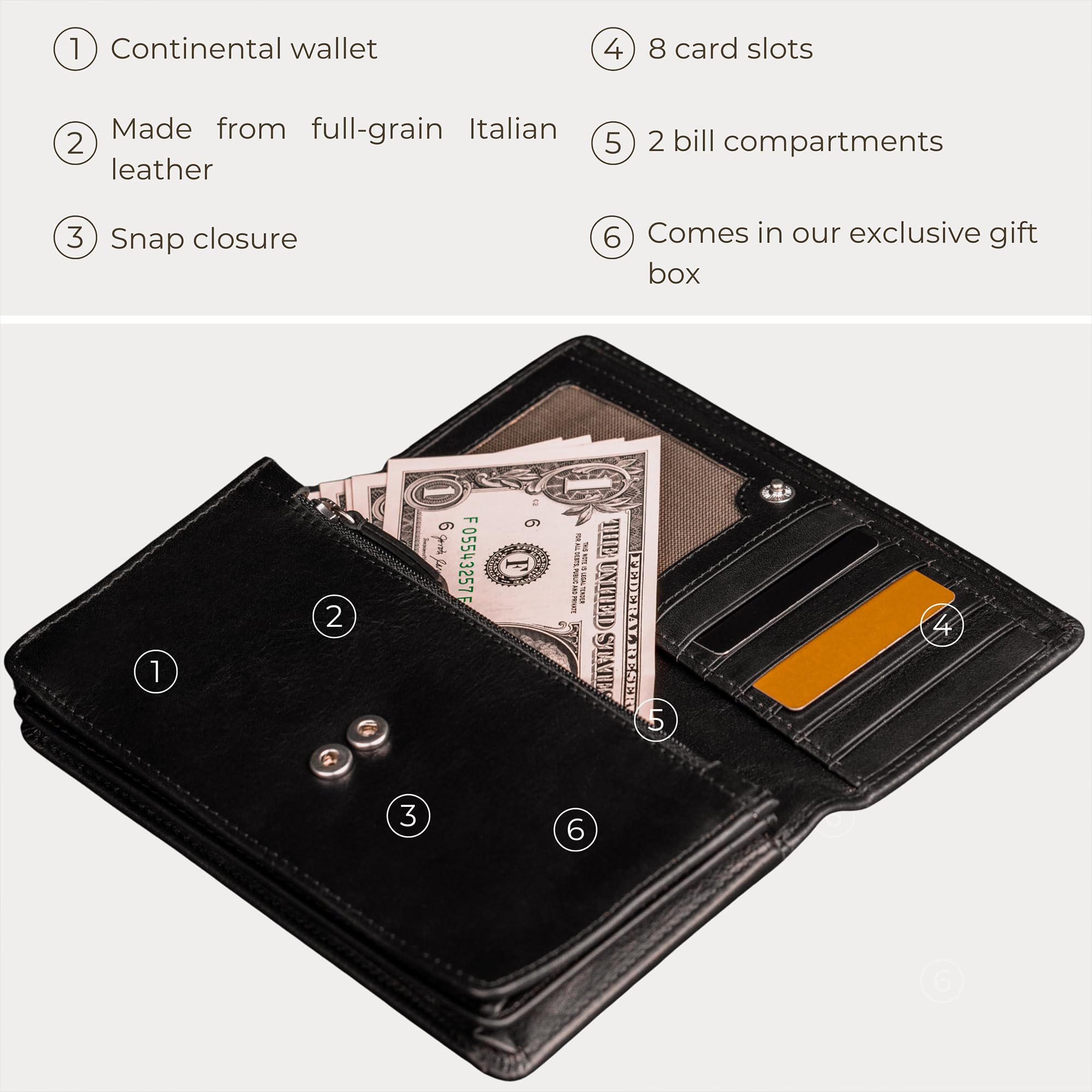 Time Resistance Cartera Larga de Cuero – Cartera Continental para Tarjetas de Crédito y Efectivo – Porta Dinero Minimalista Hecho a Mano en Italia (Negro)