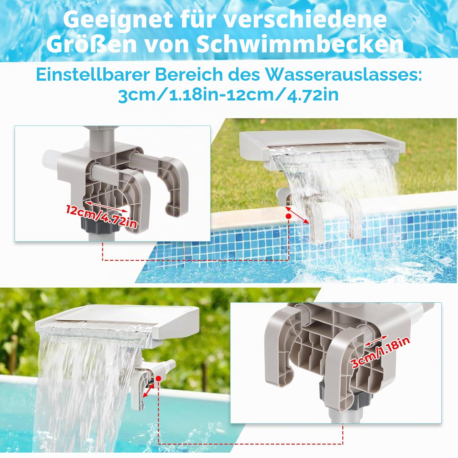 Hanaoyo LED-Poolbrunnen Wasserfall für oberirdische Pools, 7 Verschiedene Beleuchtungsfarben, glatt fließender Pool-Wasserfall, entspannende Kaskade für Außendekoration, verstellbare Breite, passend