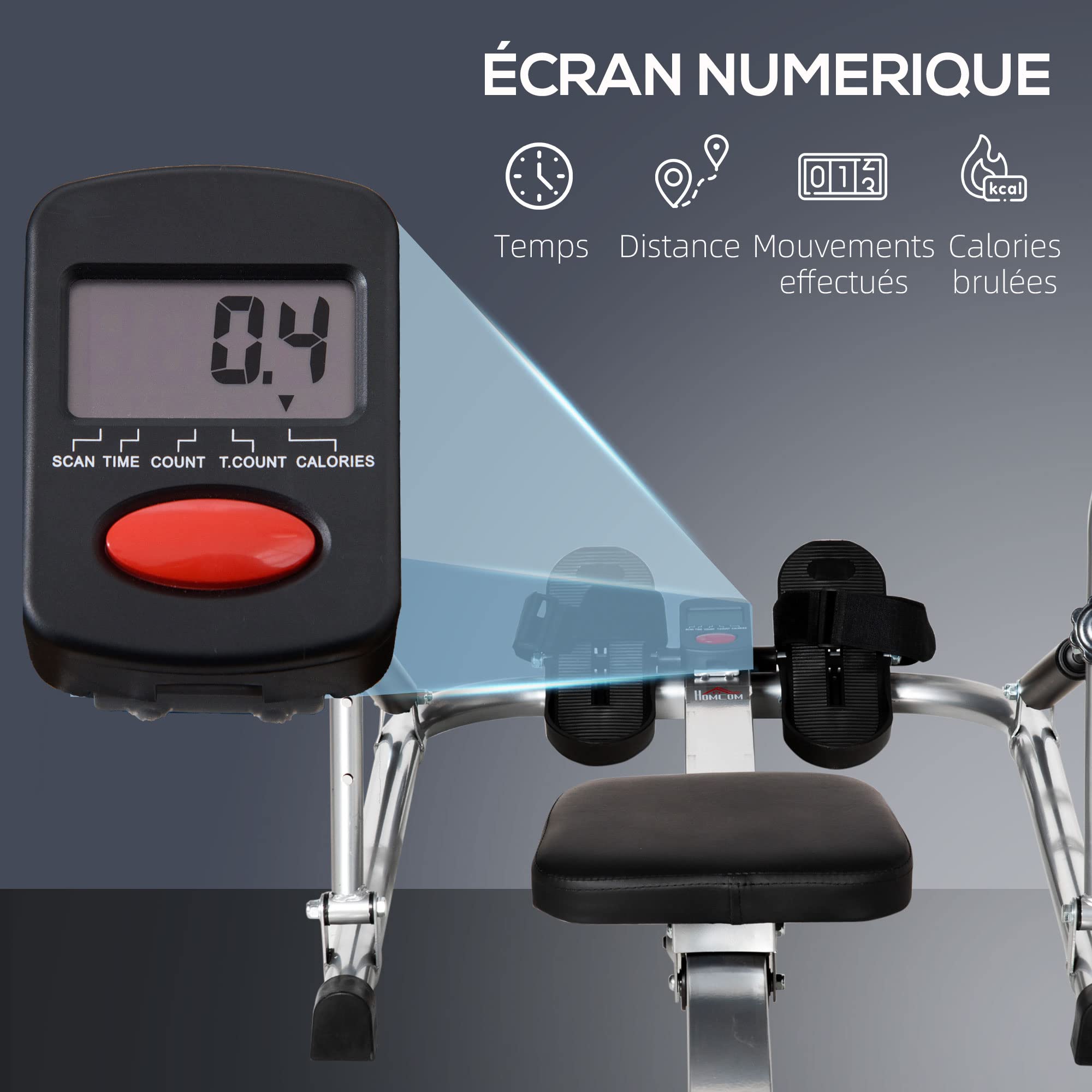 HOMCOM Rameur d'appartement Pliable - 3 Niveaux de résistance écran LCD Multifonction - Acier ABS Noir Gris