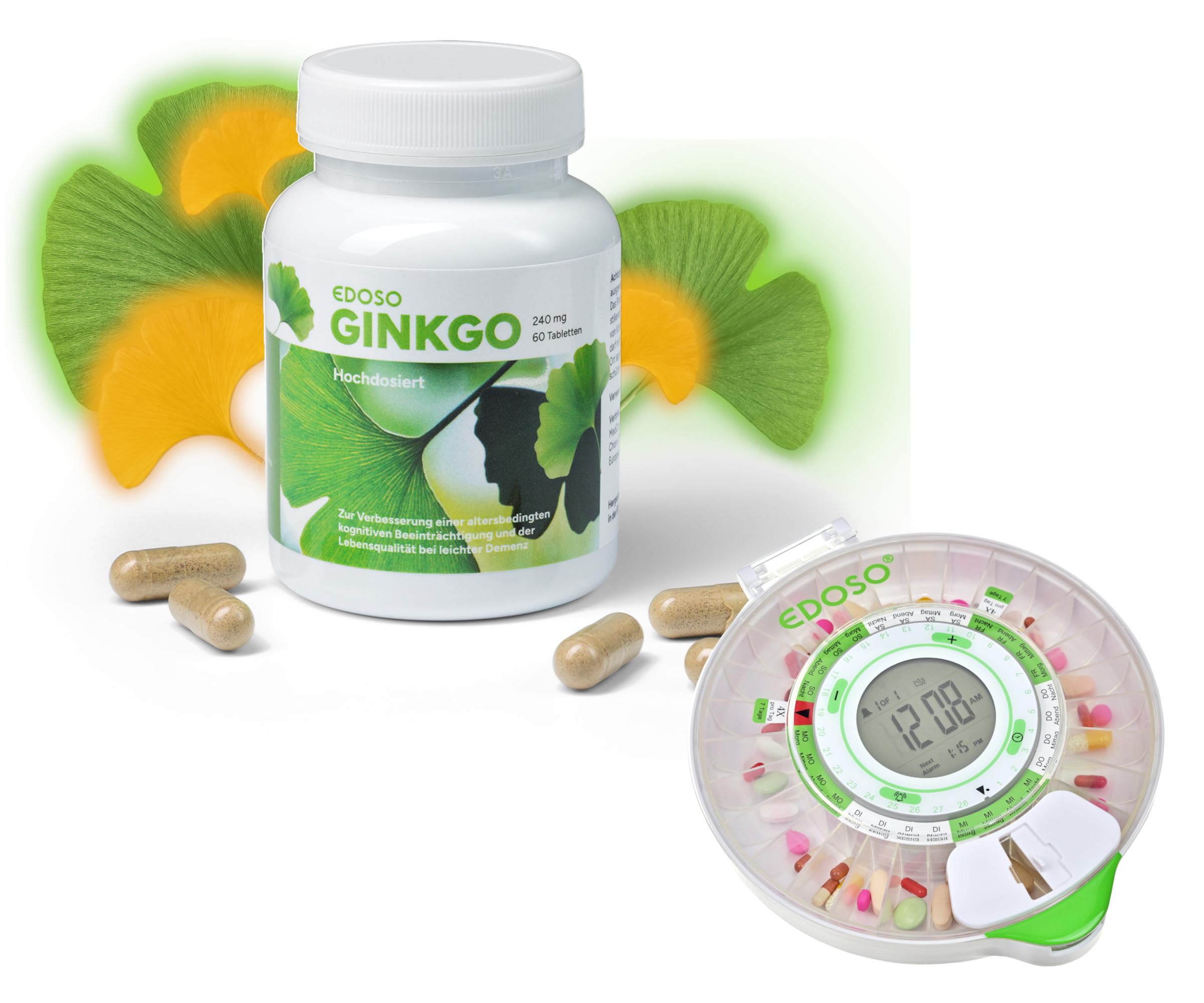Ginkgo Biloba 240 mg 60 Tabletten hochdosiert mit Automatischer Tablettenbox für Ginko Biloba | Bei leichter Demenz oder kognitiven Beeinträchtigungen